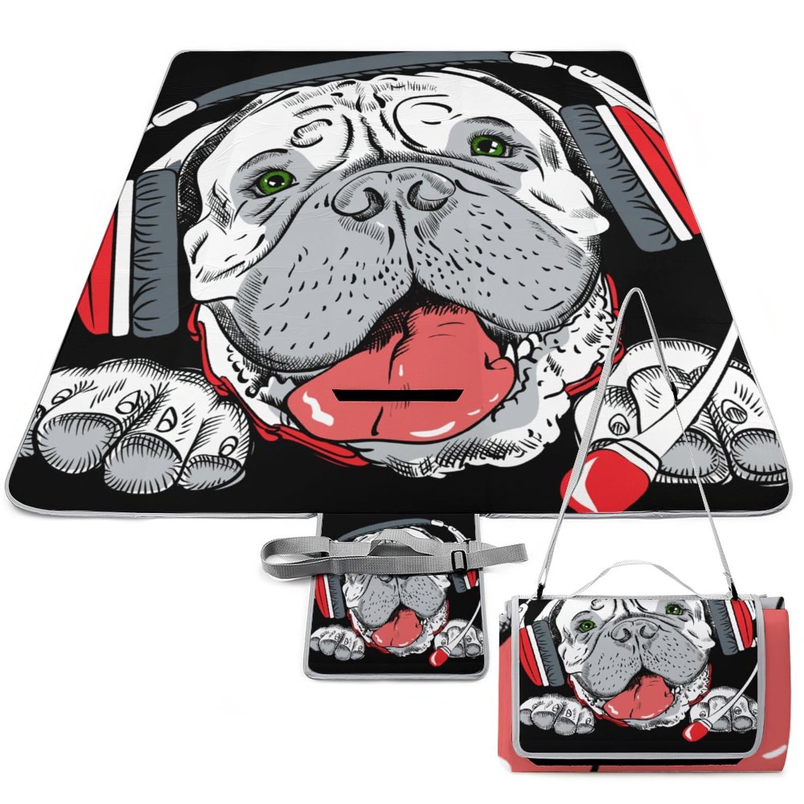 Dog-Bullmastiff-with-Phone-Headset Picnic Blanket Waterproof Foldable, Large Outdoor Picnic Blanket Beach Blankets Camping Blanket Travel Mat, Shoulder Strap Tote, Rectangle 58x58in