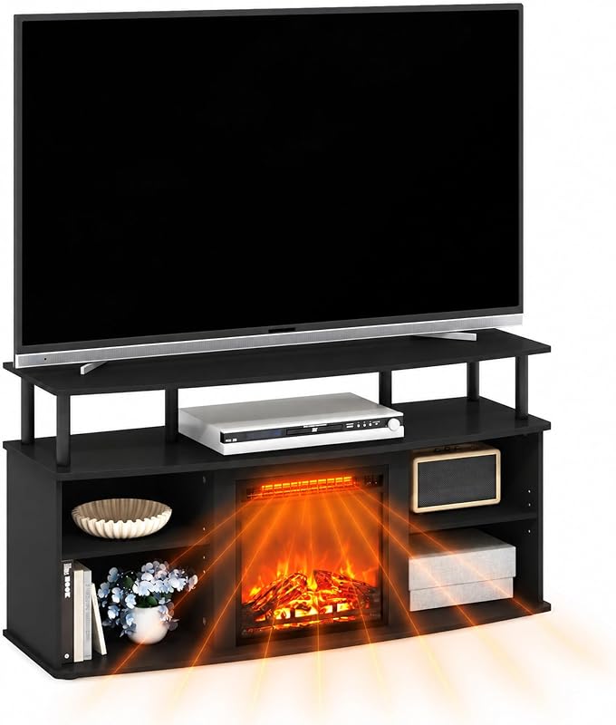 Furinno Jensen Fireplace TV Stand, Entertainment Center, TV Console for TV up to 55 Inch with Fireplace and Open Shelving Storage, for Living Room, Bedroom, Americano