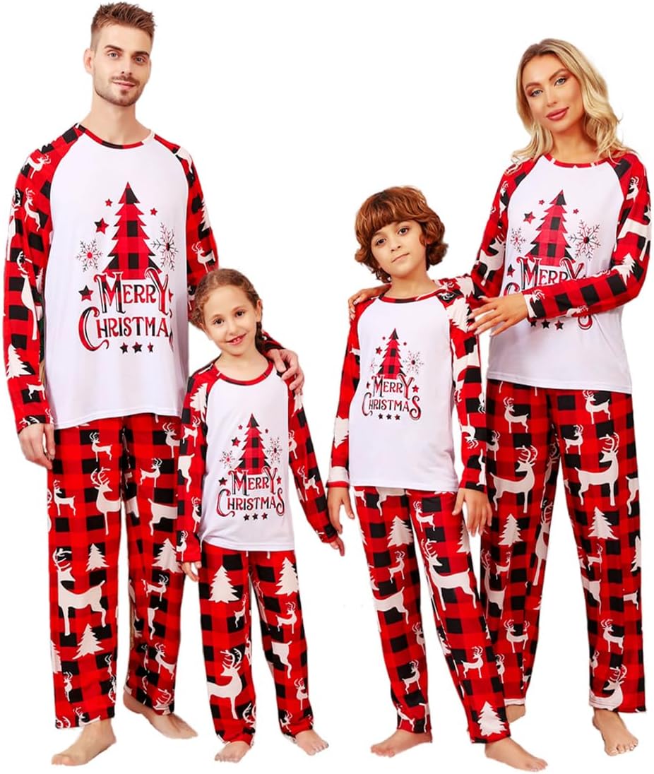 ANGELGGH Christmas Pajamas for Family Matching Pjs Set, Red Plaid Reindeer Holiday Xmas Pajamas for Women Men Kids