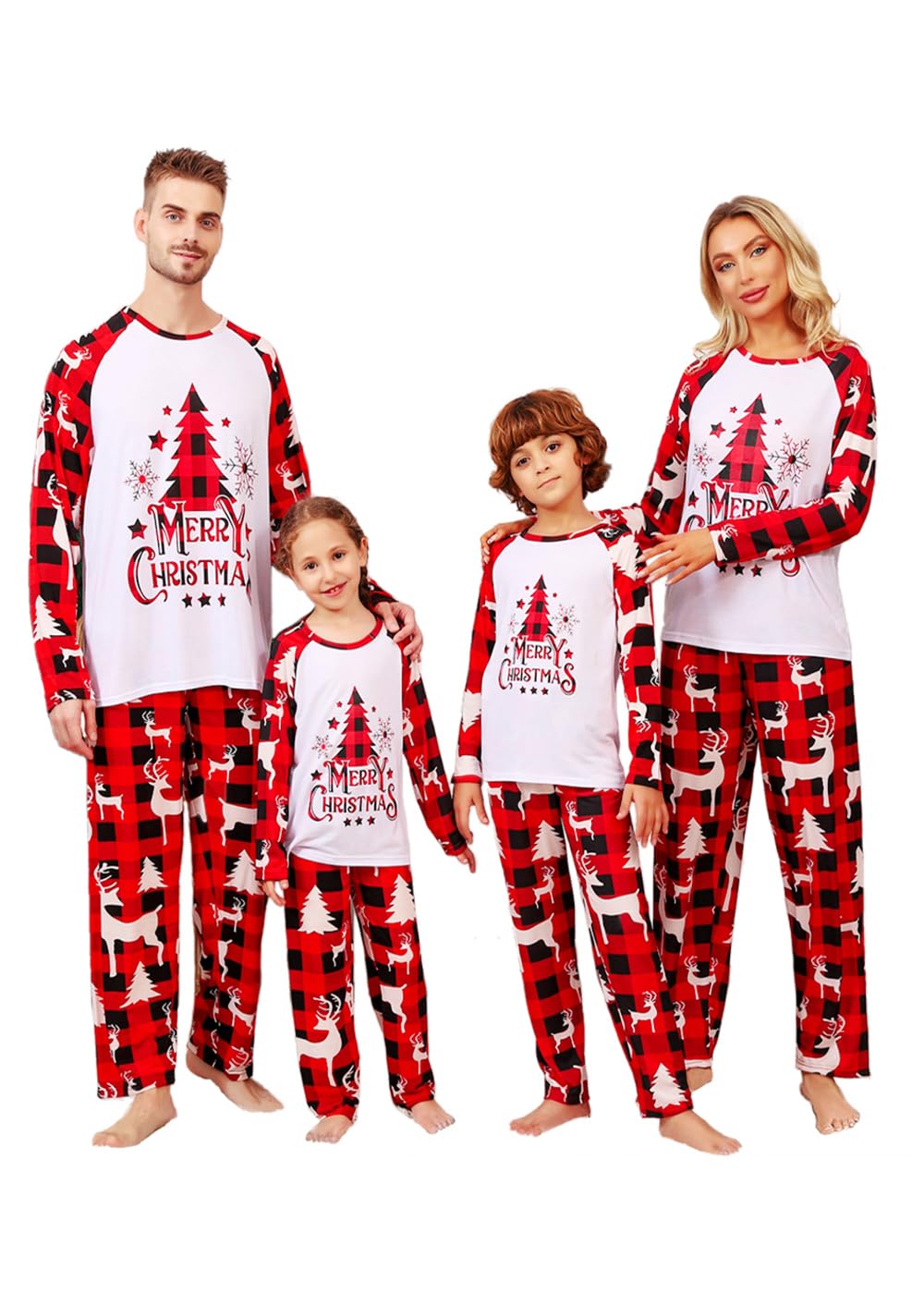ANGELGGH Christmas Pajamas for Family Matching Pjs Set, Red Plaid Reindeer Holiday Xmas Pajamas for Women Men Kids