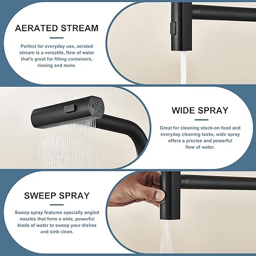 Miniatura 2 de Grifo de cocina con rociador extraíble, grifo de fregadero de cocina de acero inoxidable con un solo orificio con toque de cascada negra, grifos