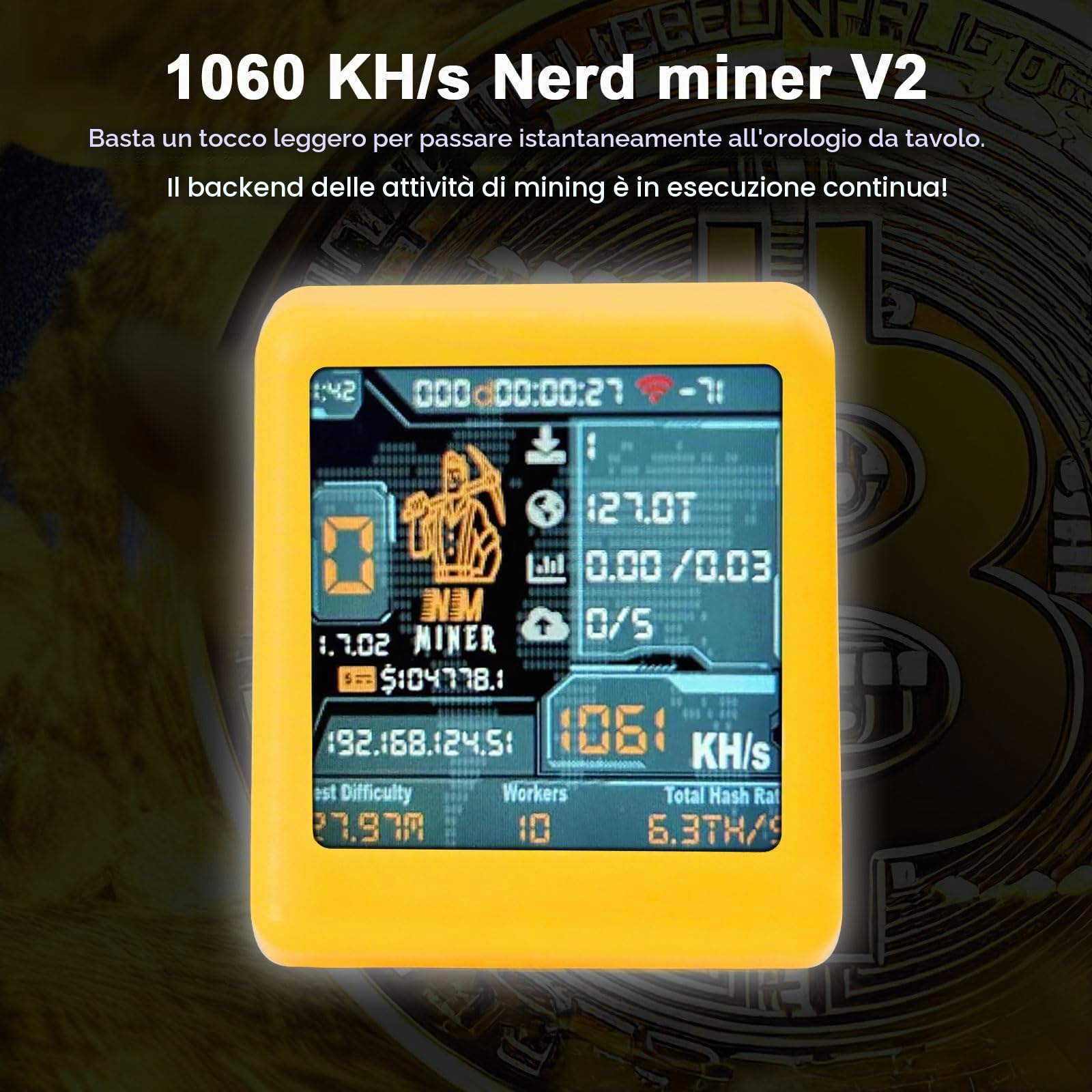 Nerdminer Binghe 1060 KH/s Display intelligente con ESP32 e orologio da tavolo Bitcoin Solo Lottery Miner v2