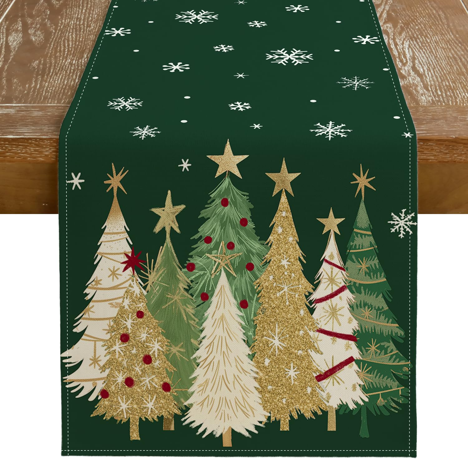 GEEORY Christmas Table Runner 13x120 Inch, Xmas Trees Snowflakes Holiday Decorative Farmhouse Table Decoration for Kitchen Dinning, Indoor Outdoor Dinner Party Decor (Green) GT152-120
