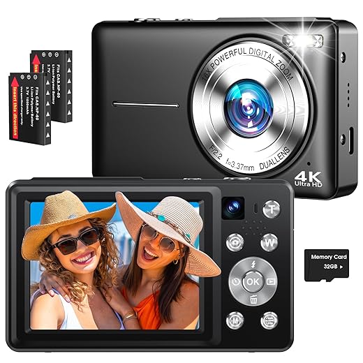 4K Digital Camera, 64MP Autofocus Vlogging Camera with Dual Lens, 16X Digital Zoom YouTube Compact Travel Point Shoot Camera for Teens Beginner, Anti-Shake,2 Batteries, 32GB Card (Black)