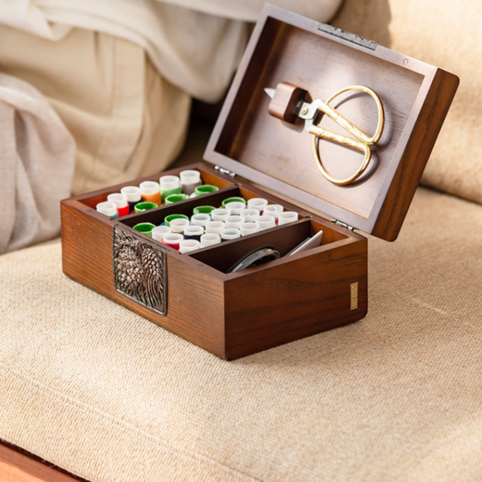 Cestas De Costura Grandes De Madera, Caja De Costura Expandible Clásica, Cesta De Almacenamiento, Asa De Transporte Fácil, Caja De Kit De Costura, Cesta Con Compartimento (21,5 X 9,4 X 13,7 Cm)