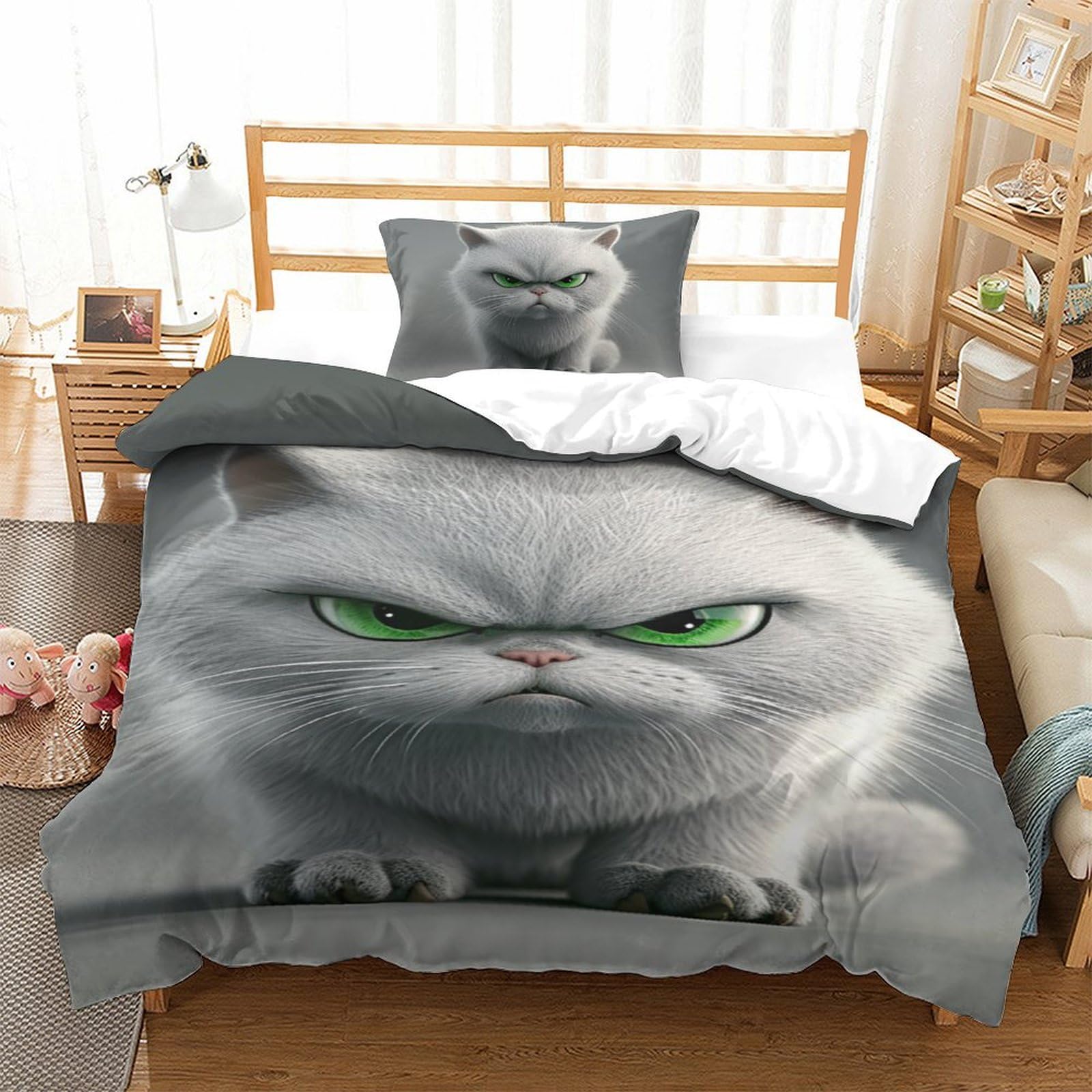 Housse de couette chat 3D microfibre thermorégulatrice avec fermeture éclair 135x200