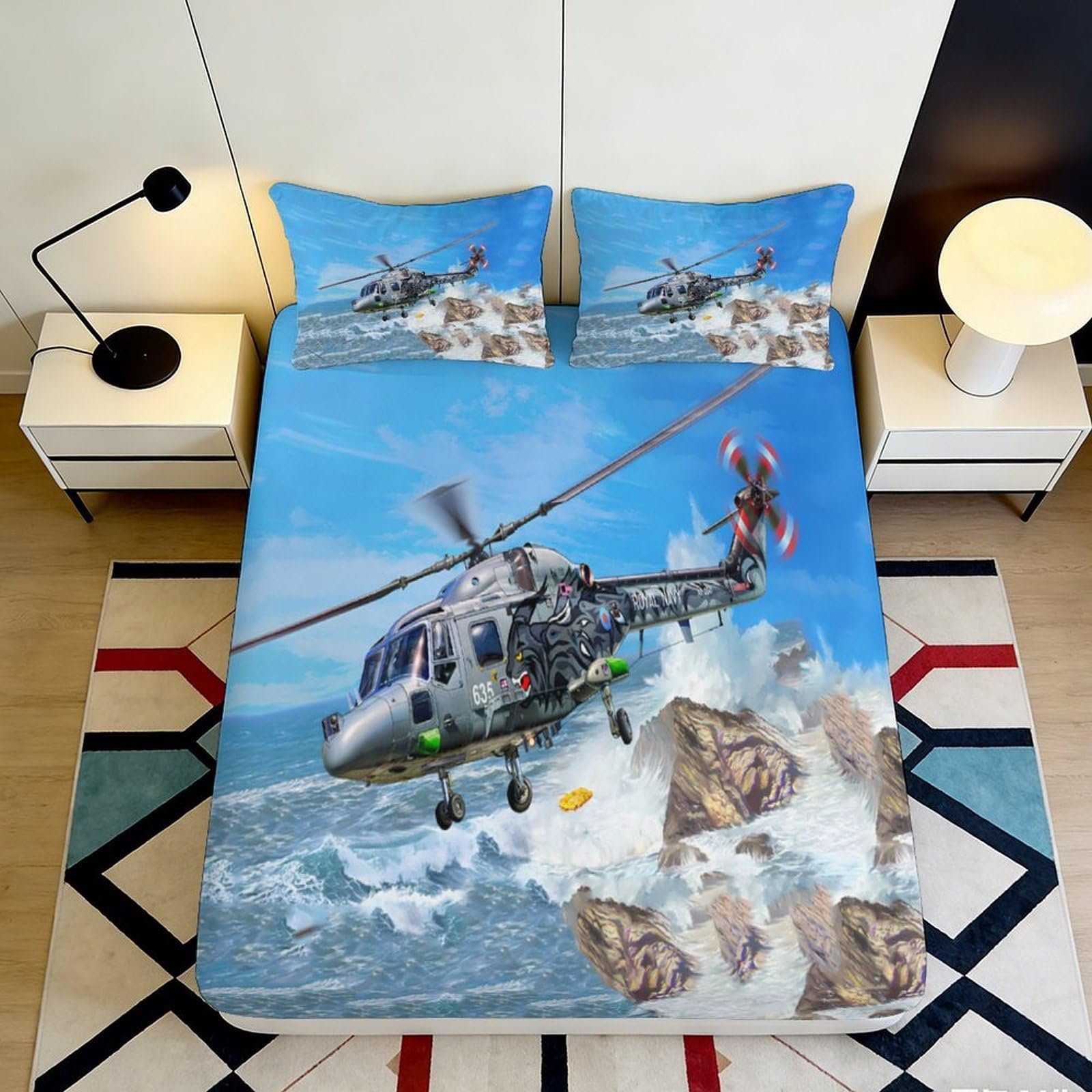 3D Printed Helicopter Ocean Scene Fitted Sheet Microfiber Breathable Aircraft Rock Mattress Cover for Bedroom Dorm Protection Decor 90x200x25cm