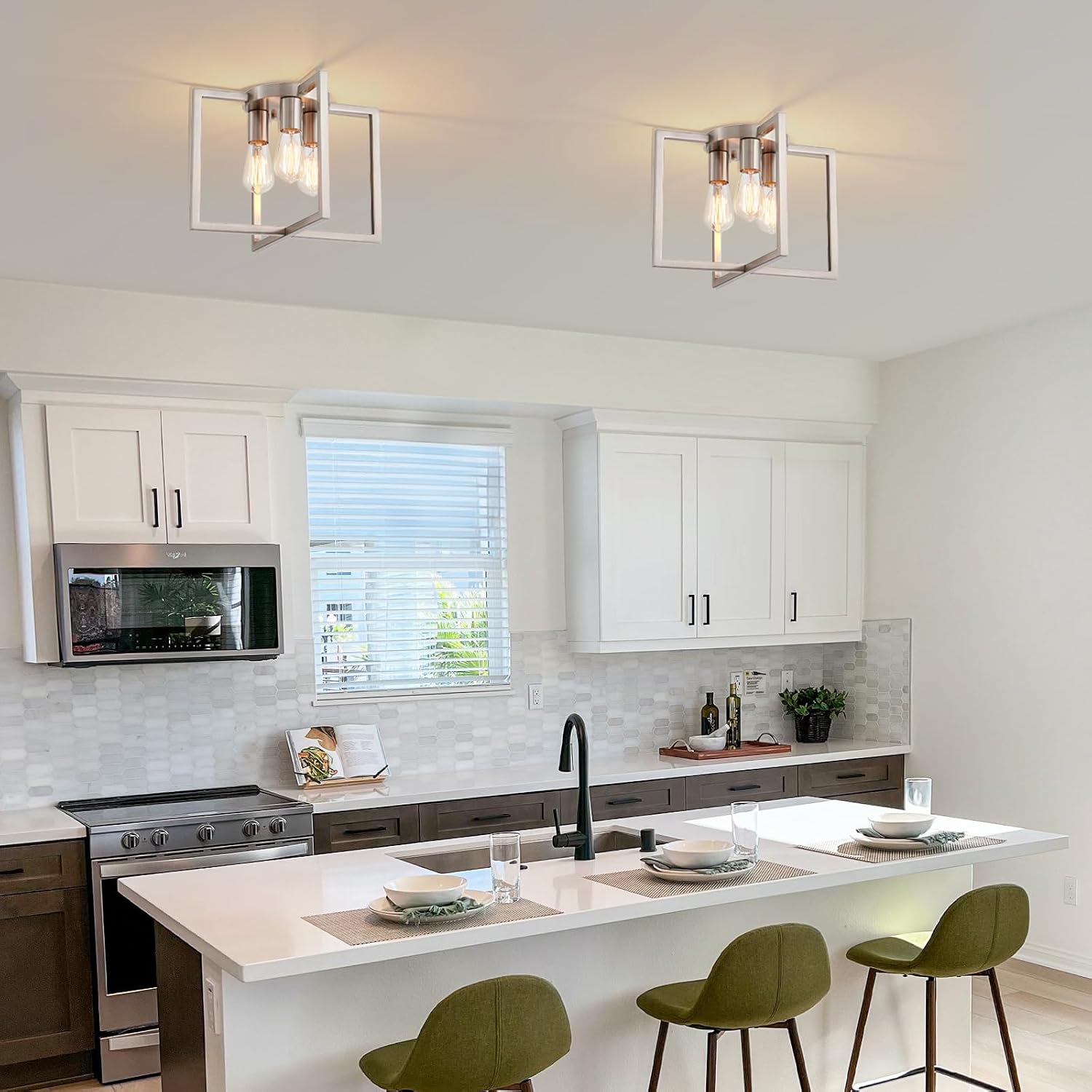 Brushed Nickel Ceiling Light 3-Light Small Chandelier for Dining Room Geometric Metal Modern Chandelier Light Fixture for Kitchen Island Living Room Entryway 14.6 Inch