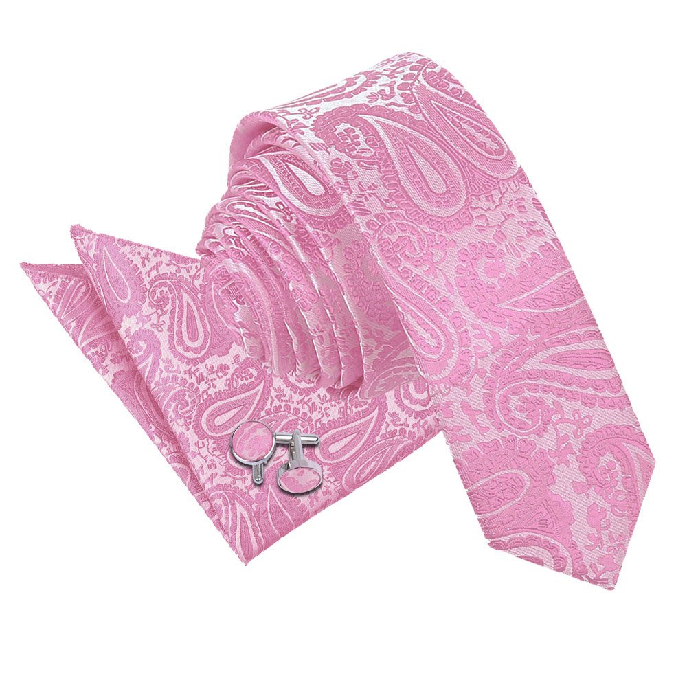 Dqt Men's Baby Pink Paisley Floral Jacquard Skinny Tie, Pocket Square & Cufflinks Set (3Pc) - Wedding, Business & Formal