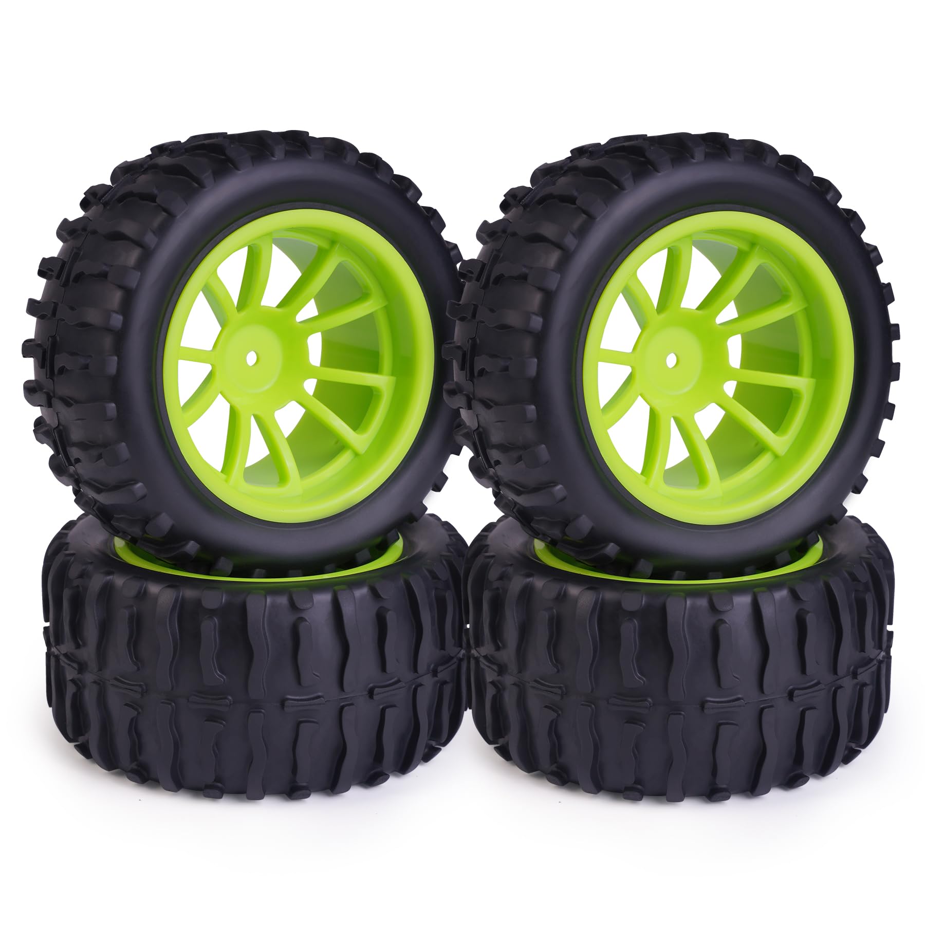 Hosim 55 * 115 mm RC Tires, All Terrain Soft Tire Mounted on 12mm Hex Wheels (Set of 4) for 1/10 RC Cars (Green Wheel hub)