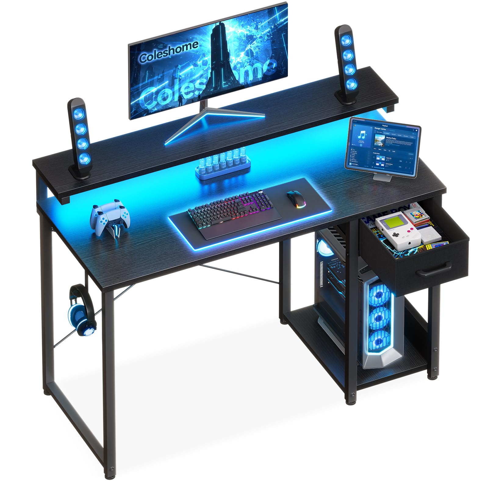 Coleshome Scrivania Gaming con LED, 100x48cm Scrivania con Cassetti, Reversibile Scrivania Piccola con Supporto Monitor e Gancio per Cuffie, Una Perfetta per Gli Spazi Ridotti, Nero