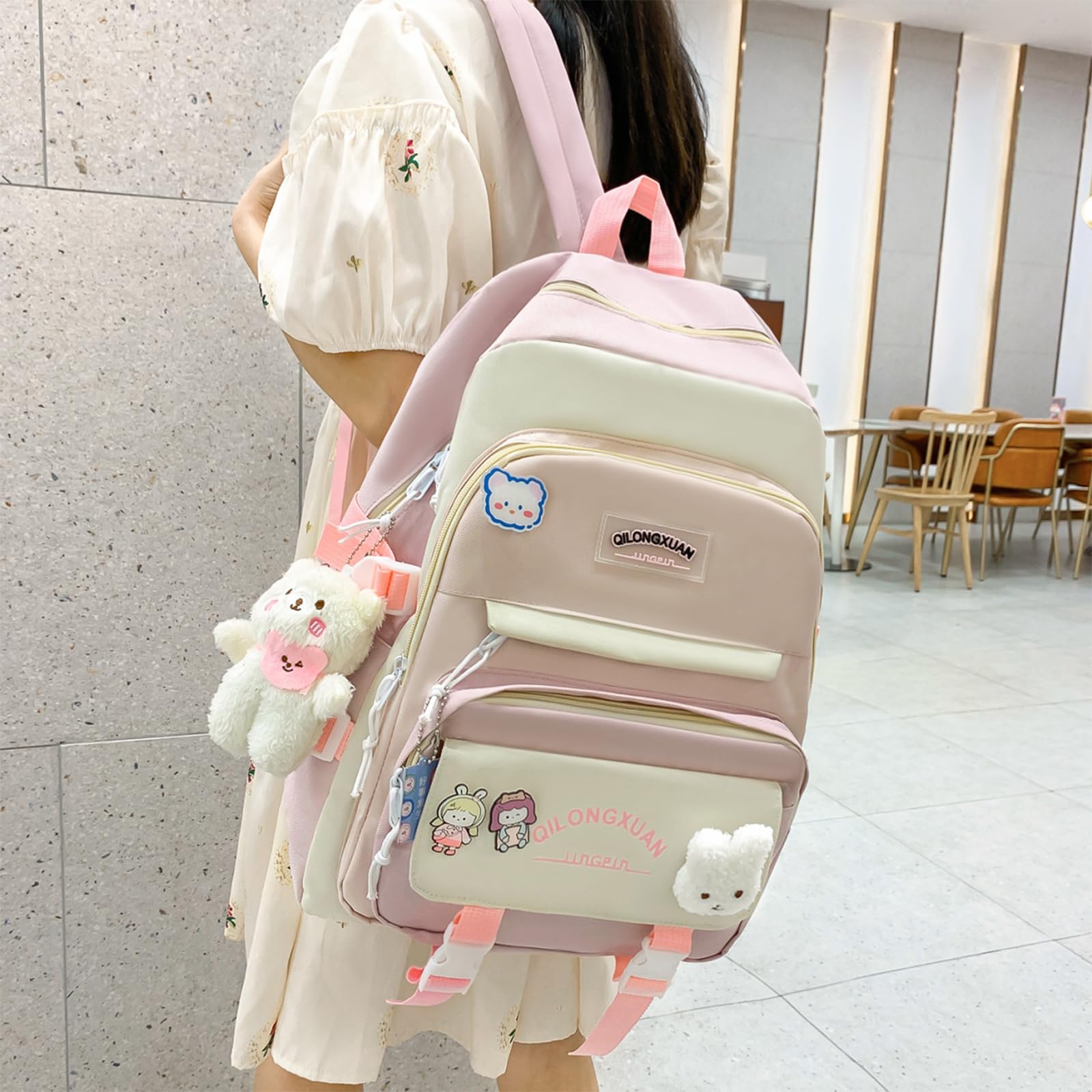 IvyH Cartable Fille Primaire 5 pièces, Sacs à Dos pour Filles 8-16ans, Sets de Sacs Scolaires avec Sac à Provisions Trousse à Crayons, Sac à Dos Voyage Kawaii 45cm, Rose