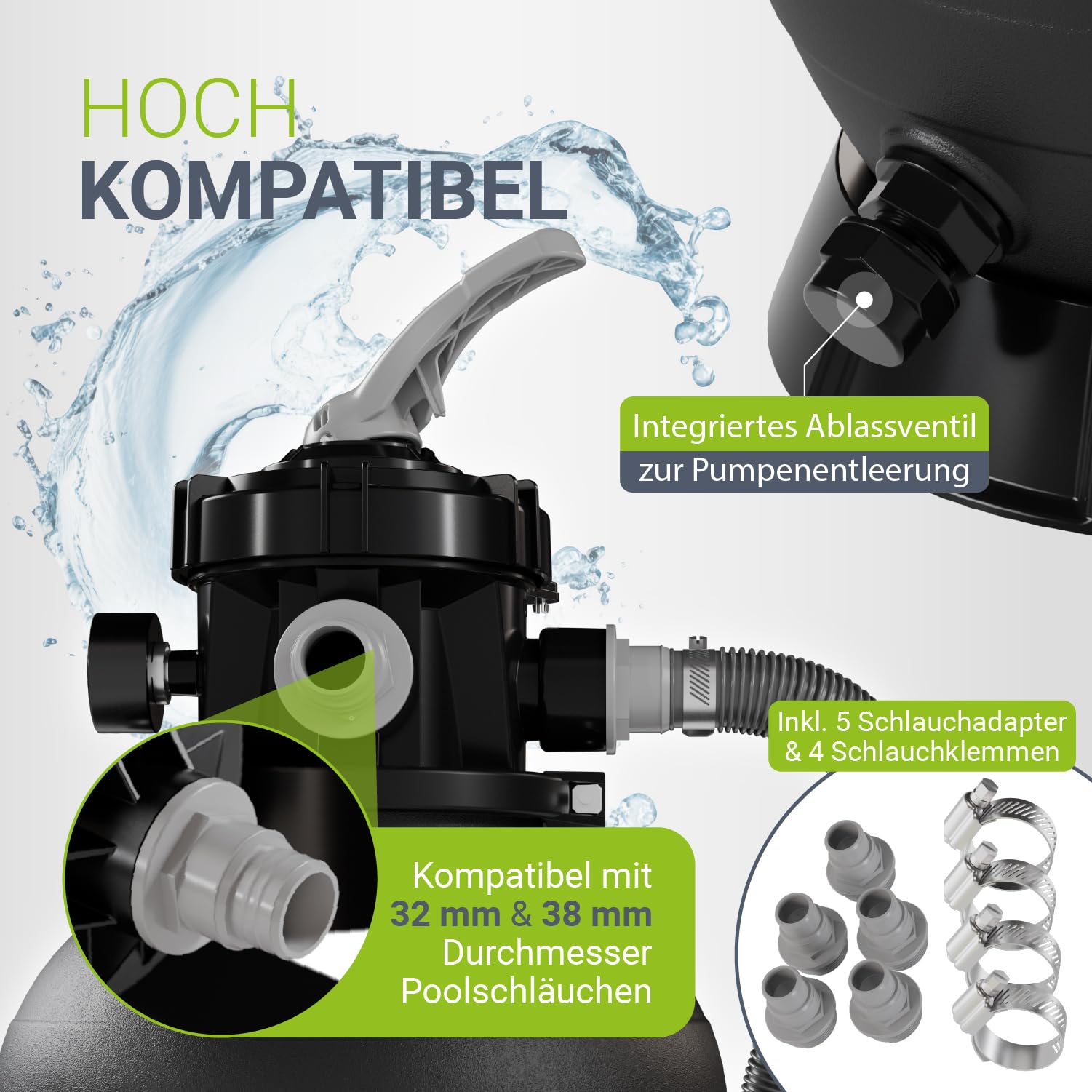 Juskys® Sandfilteranlage 400 W - Poolfilteranlage für 47.000 Liter, effiziente Filtration mit 7-Wege-Ventil, kompakt