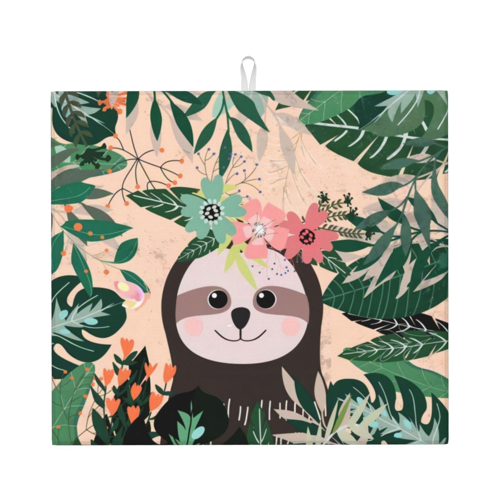 YYHHAOFA Sloth And Flowers Prints Kitchen Drying Mat – Highly Absorbent Microfiber Throw, Non-Slip Counter Cover for Dishes, Fade-Resistant Print & Appliance Protection