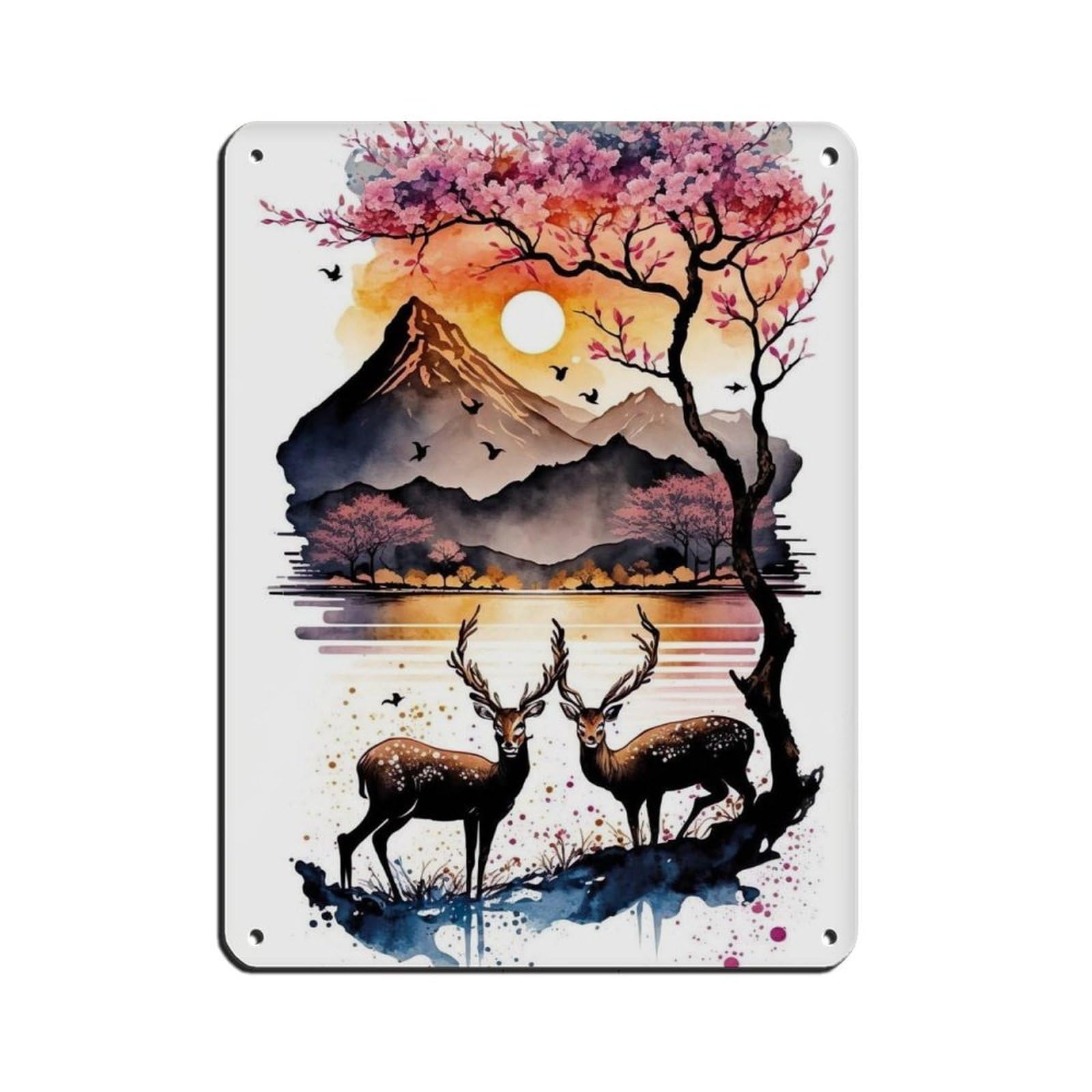 Sika Deers by The RiverJapanese Landscape Retro Poster Metal Tin Sign Chic Art Retro Iron Painting Bar People Cave Cafe Family Garage Poster Wall Decoration 12x16inch(30x40cm)