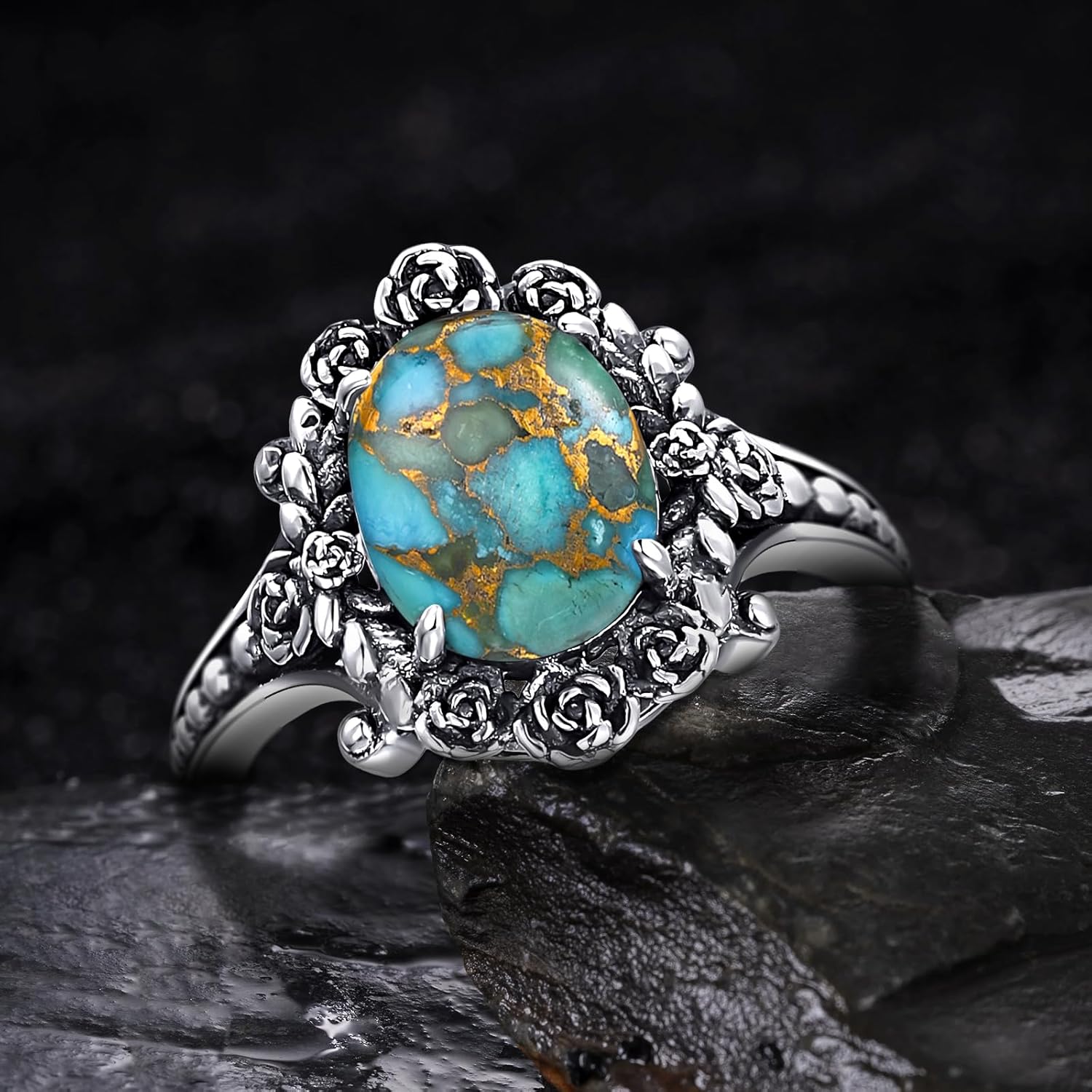 Sterling Silver Ring for Women, Romantic Oxidized Flowers with Oval Turquoise, Bohemian Hippie Adjustable Ring Size 5-9