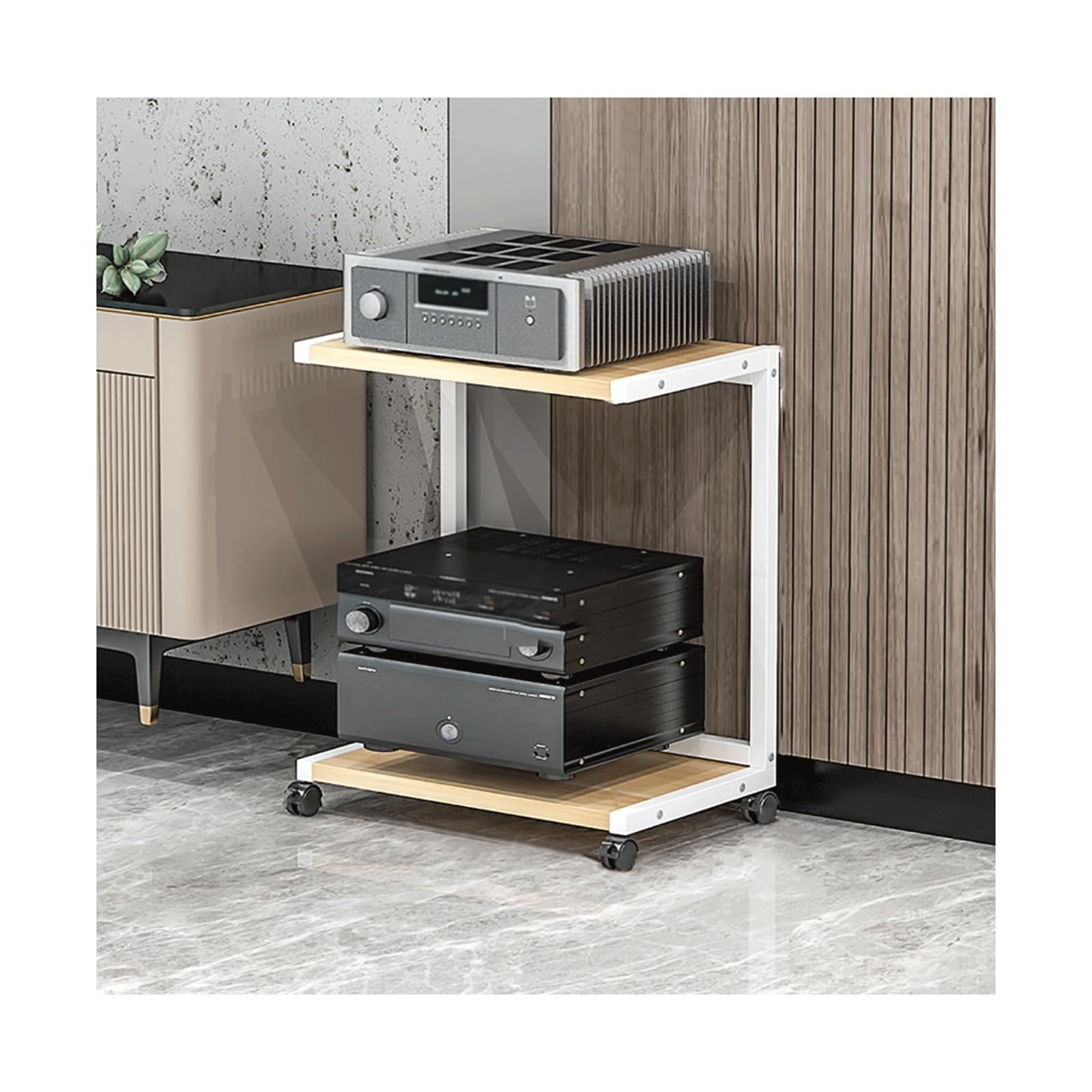 Stojak na multimedia AV, 2/3 poziomy z kółkami, drewniany stojak na gramofon, półki do gier, otwarte elementy stereo, wieża audio do gramofonu, biała, 61 cm