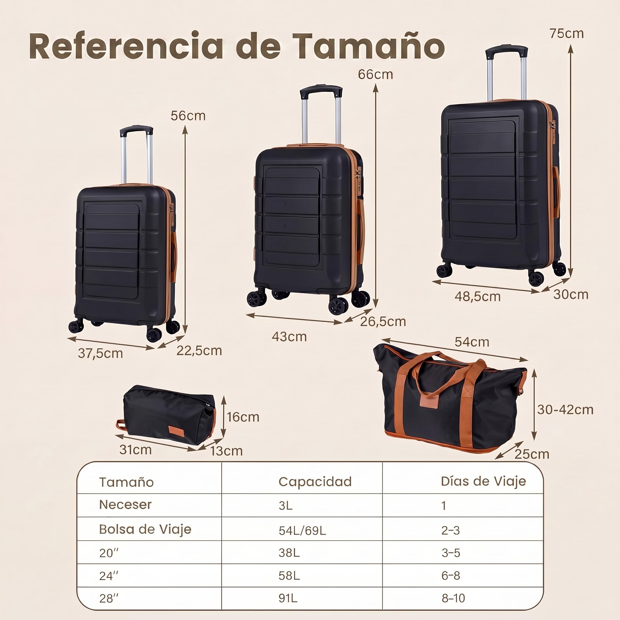 COSTWAY Juego de Maletas de 5 Piezas, 3 Maletas Rígidas ABS Cabina Mediana Grande con Neceser y Bolsa de Viaje, Asa Telescópica, Ruedas Dobles Giratorias 360° y Cerradura, Equipaje Ampliable (Negro)