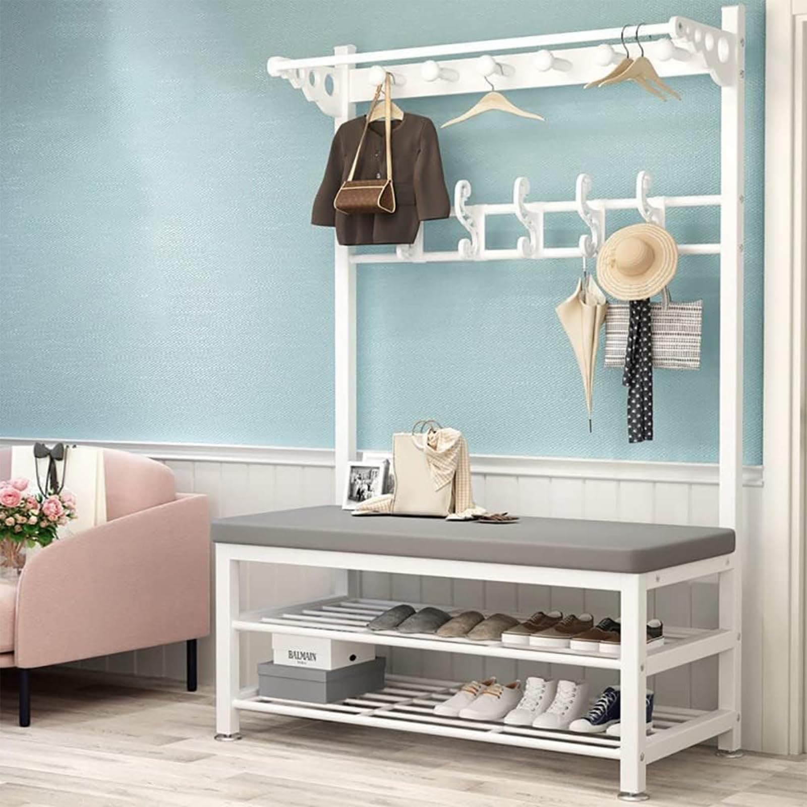 MYUYEE Coat Rack Shoe Bench, Industrial Storage Bench Storage Bench For Entryway, Pipe Style Large Hat And Coat Stand Industrial Hall Tree With Storage Shelf Easy Assembly Coat(C-100Cm)