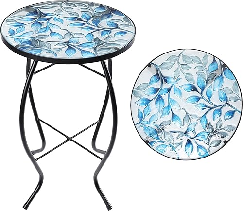 MUMTOP Mesas auxiliares de patio, mesa auxiliar de mosaico para exteriores, 14 pulgadas, color azul y transparente, mesa auxiliar redonda de cristal