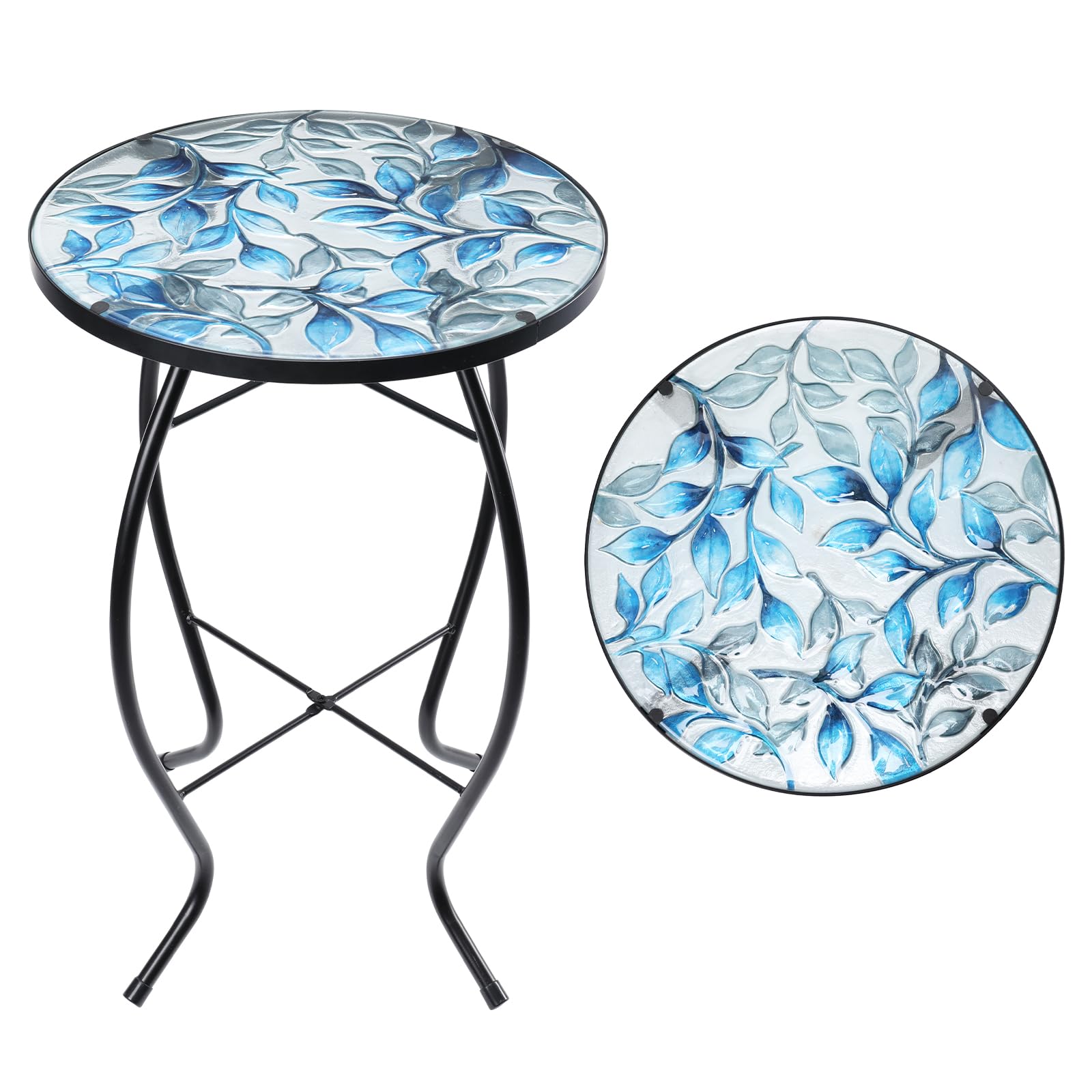 MUMTOP Side Patio Tables-Mosaic Outdoor Side Table - 14’’ Blue and Transparency Leaf Glass Accent Round End Table, Plant Stand Indoor Small Coffee Table for Garden or Living Room Decor