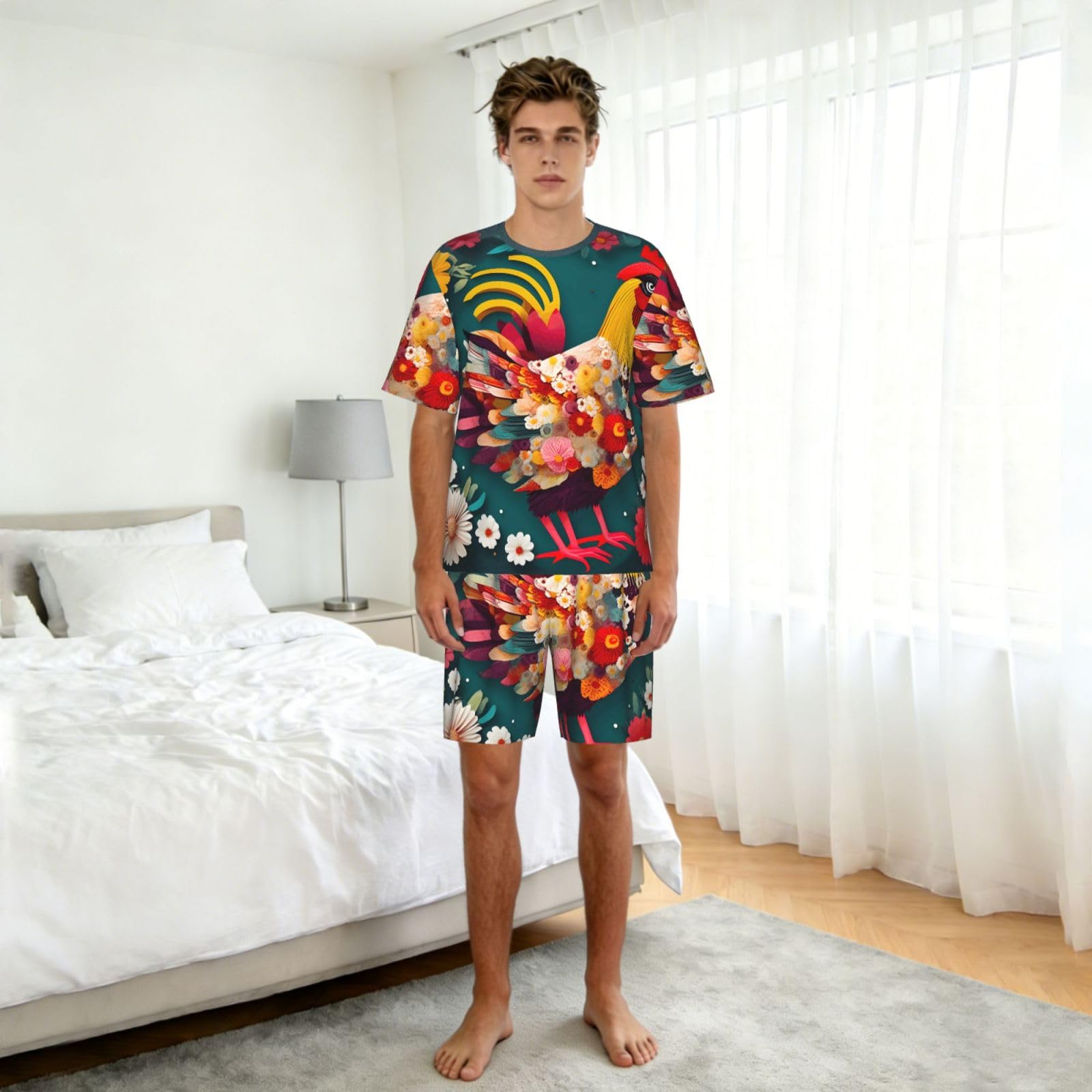 Conjunto de pijama clásico con estampado de pollo y corazón de flores, pantalones cortos de pijama suaves para hombre, perfecto para las noches de verano