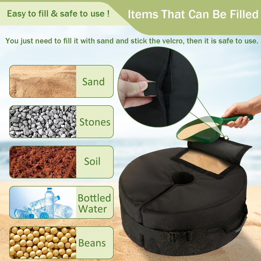 Umbrella Base Weight with Side Slot Opening, Weatherproof Fillable Sand Bags for Weight, 900D Heavy-Duty Beach Umbrella Stand Sand Anchor for Outdoor Patio Garden (Without Sand) (Black) - Image 4