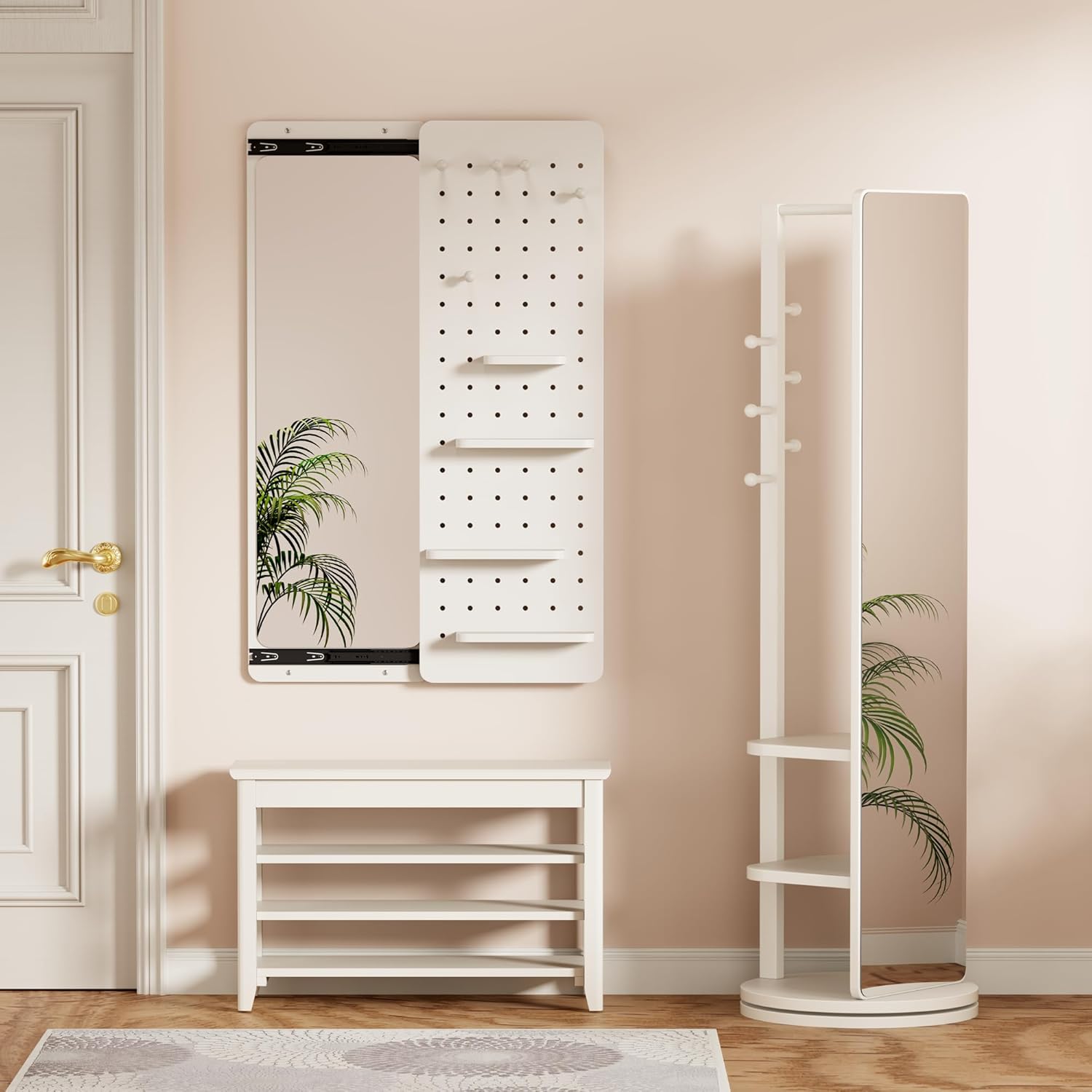 Full Length Mirror with Pegboard Shelf and Hooks, Wall Mounted Mirror with Storage, Multifunctional Entry Way Mirrors for Wall, Rubber Wood Full Body Mirror for Bedroom, Living Dressing Room,White