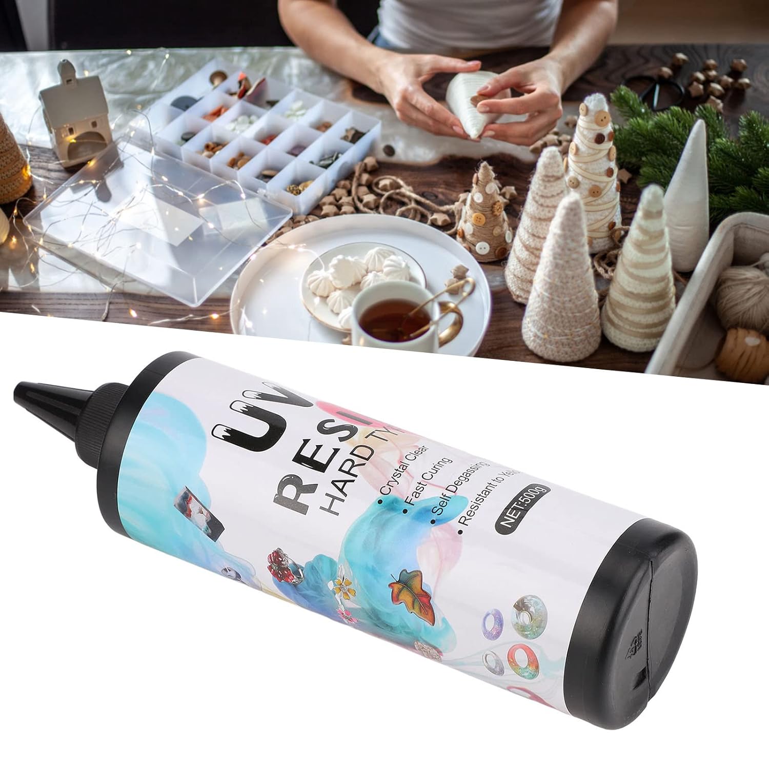 Resin Handworked DIY Clear Adhesive, Fast Curing Glue for Craft Decorations, Transparent Anti Yellowing Casting Resin with Nozzle for Jewelry and Figurines (500g)