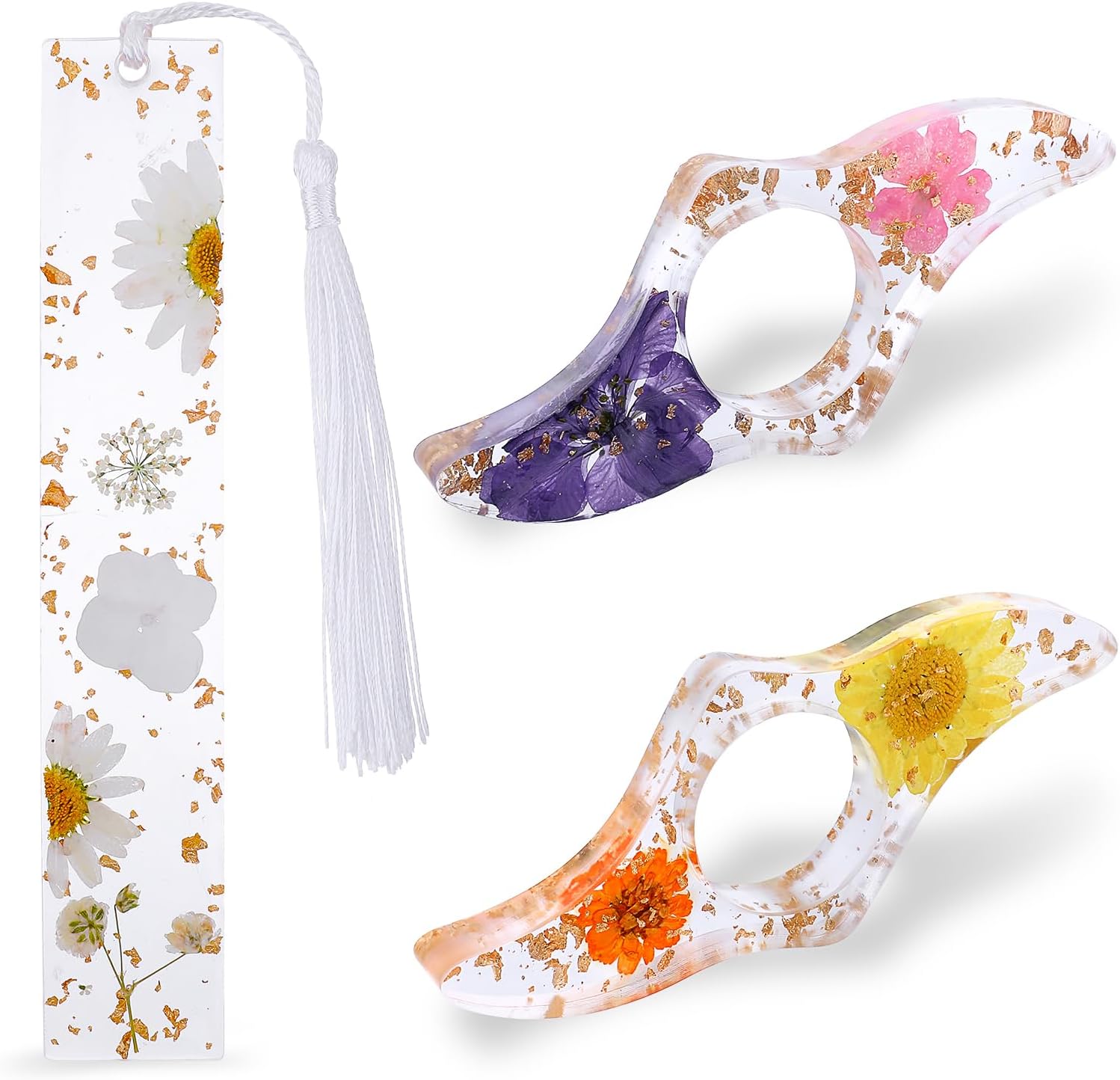 Ouligay 3Pcs Thumb Book Page Holder, Dried Flower Resin Book Holders for Reading, Book Finger Holder Ring, Transparent Bookmark Book Opener Holder, Reading Book Accessories Gift for Book Lovers