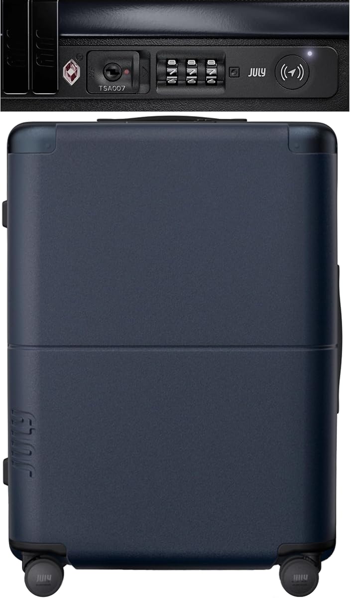 July Checked Luggage with CaseSafe Smart Tracking, 24.5", Navy | Smart Check In Luggage, Built in Tracking, Airline Approved, TSA Lock, Spinner Wheels, Y-Strap