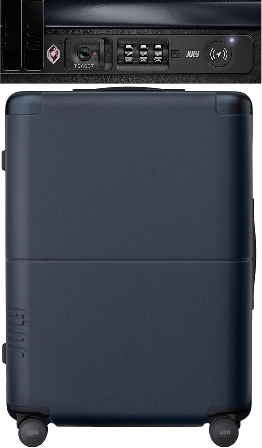 July Checked with CaseSafe - 24.5" Built in Tracking, Airline Approved Check In Luggage with Wheels, Spinner Suitcase for Men & Women - Rolling Suitcase, Spinner Wheels, Y-Strap - Navy