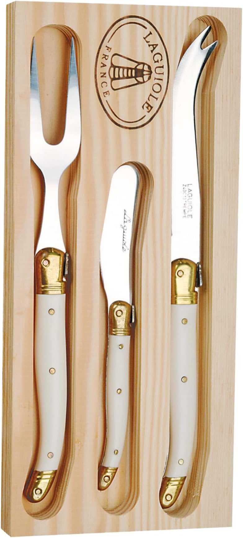 Laguiole 3-Piece Cheese Set, Ivory Handles - Rust-Resistant Stainless Steel - Includes Wooden Tray - Made in France
