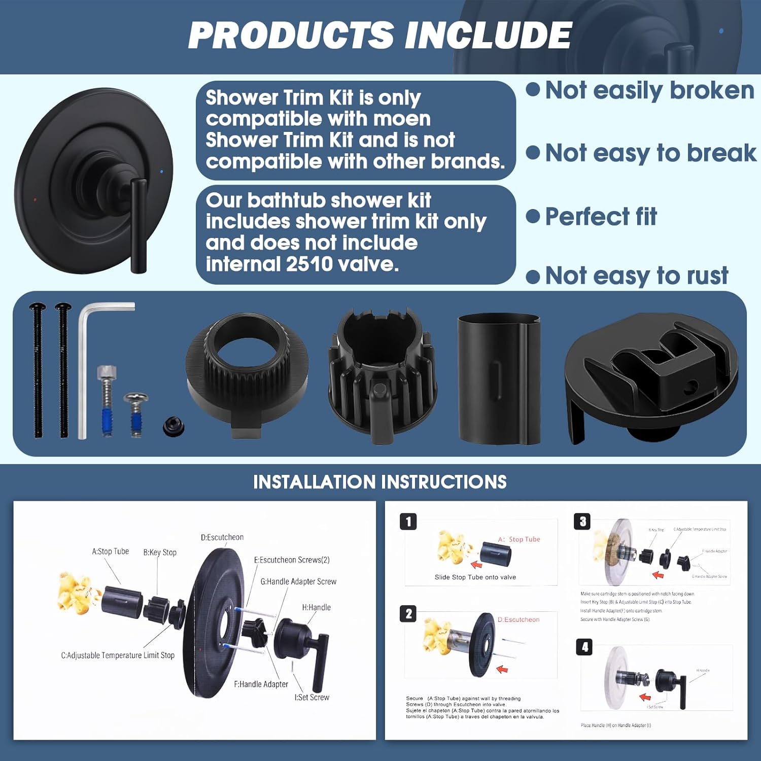 Shower Trim Kit Replacement for Moen T2901BL Gibson Posi-Temp Valve Trim Kit, Compatible with Moen 2510/2520/2570/2590 Shower Valve (Matte Black)