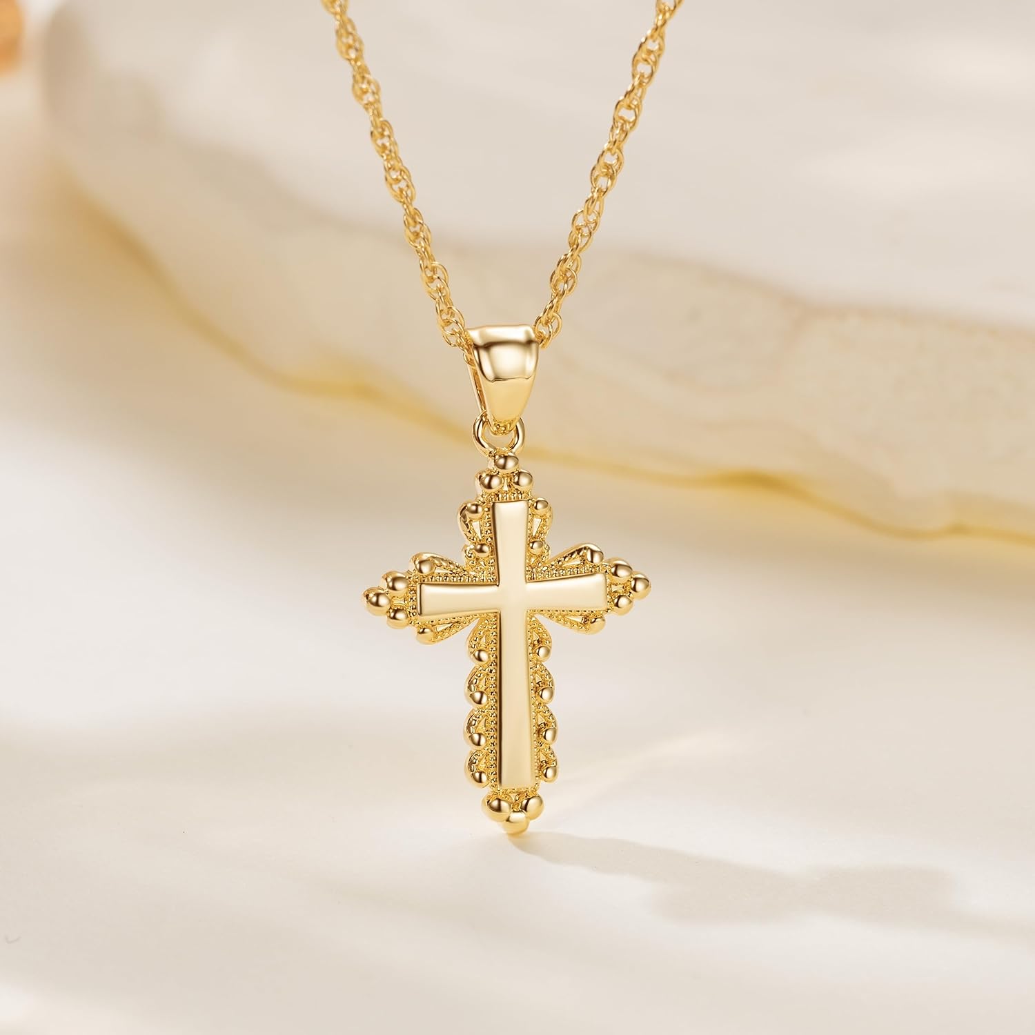 Gold Cross Necklaces for Women 14K Gold Cross Necklace for Women Crosses Pendant Necklaces for Womens Chain Gorgeous Lacework Type Design Crosses Necklace for Womens - Image 6