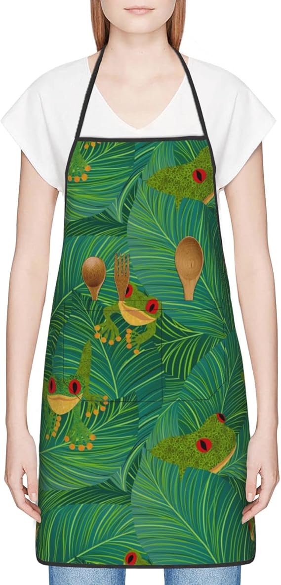 Amazon Co Jp 首掛け シンプルエプロン おしゃれ 大容量ポケット 汚れにくい シワ防止 葉の上のカエル 男女兼用 保育 カフェレストラン 料理教室 ワークエプロン ホーム キッチン