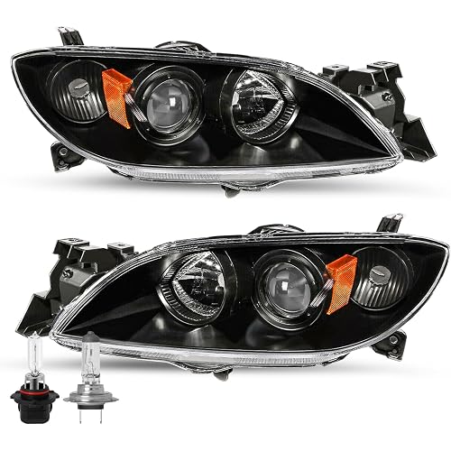 SOCKIR Halogen Headlight Assembly Headlamp Fit for 2004-2009 Mazda 3 Sedan | 4-Door Left & Right Side Black Housing Amber Reflector(with Bulbs)
