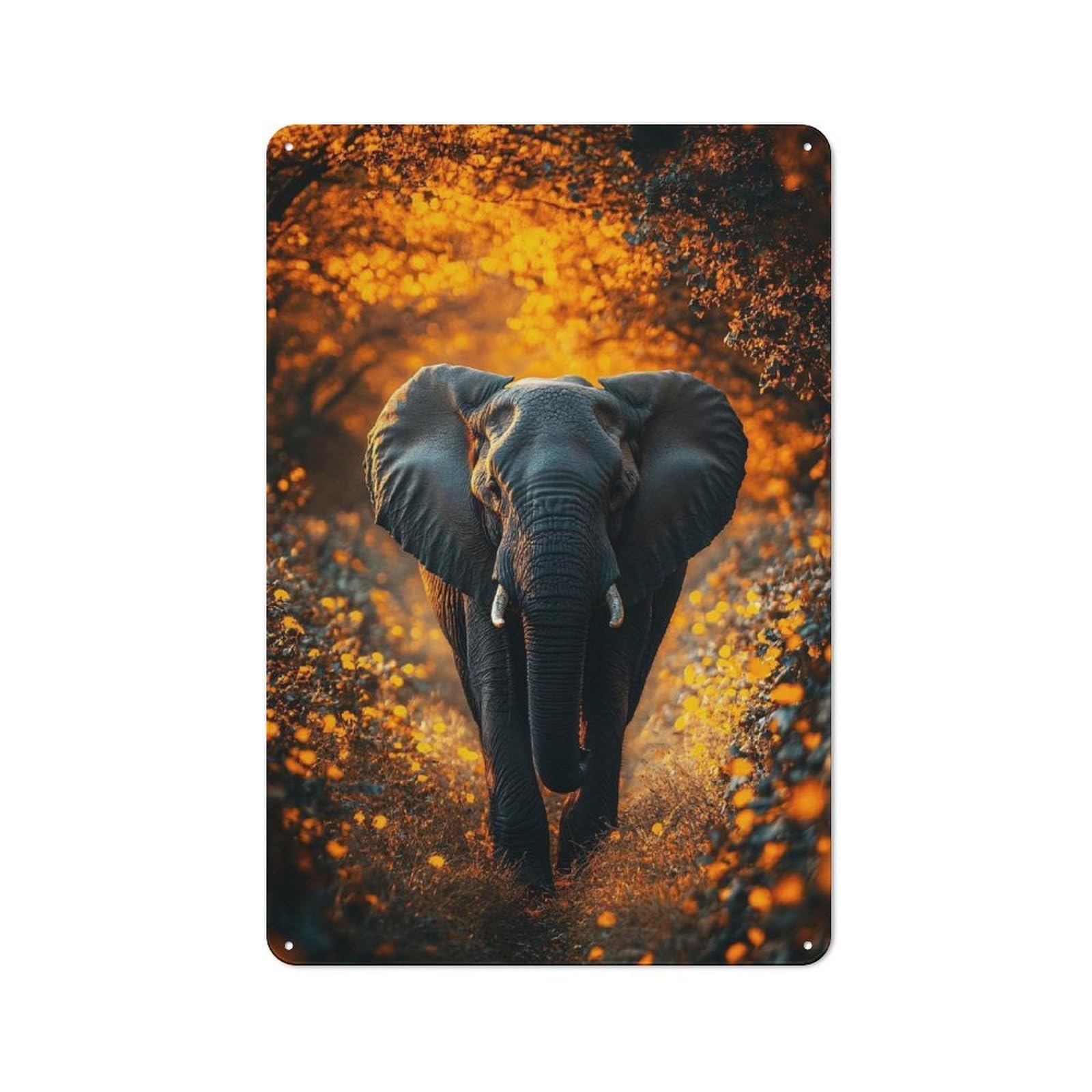 Junmoney Style-2 Elephant Walking Through Golden Field Clean Industrial Metal Wall Decor 30X20cm, Decorative Metal Plaque For Workspace, Cafe, Hallway Or Garage