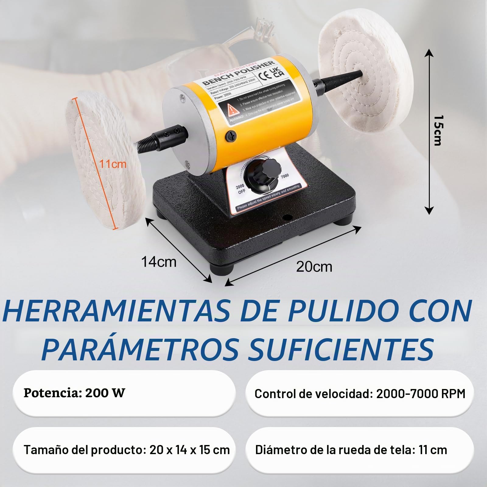 BAOSHISHAN Pulidora de Joyas Pulidora de Mesa 200W Esmeriladora de Banco de Velocidad Variable 7000rpm