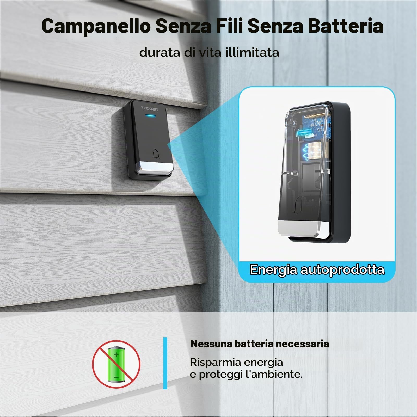 TECKNET Campanello senza fili esterno impermeabile con spina, 400 m portata campanello casa autoalimentato, IP65 campanello per porta senza batterie con indicatori LED, 60 melodie gamma, 5 livelli di