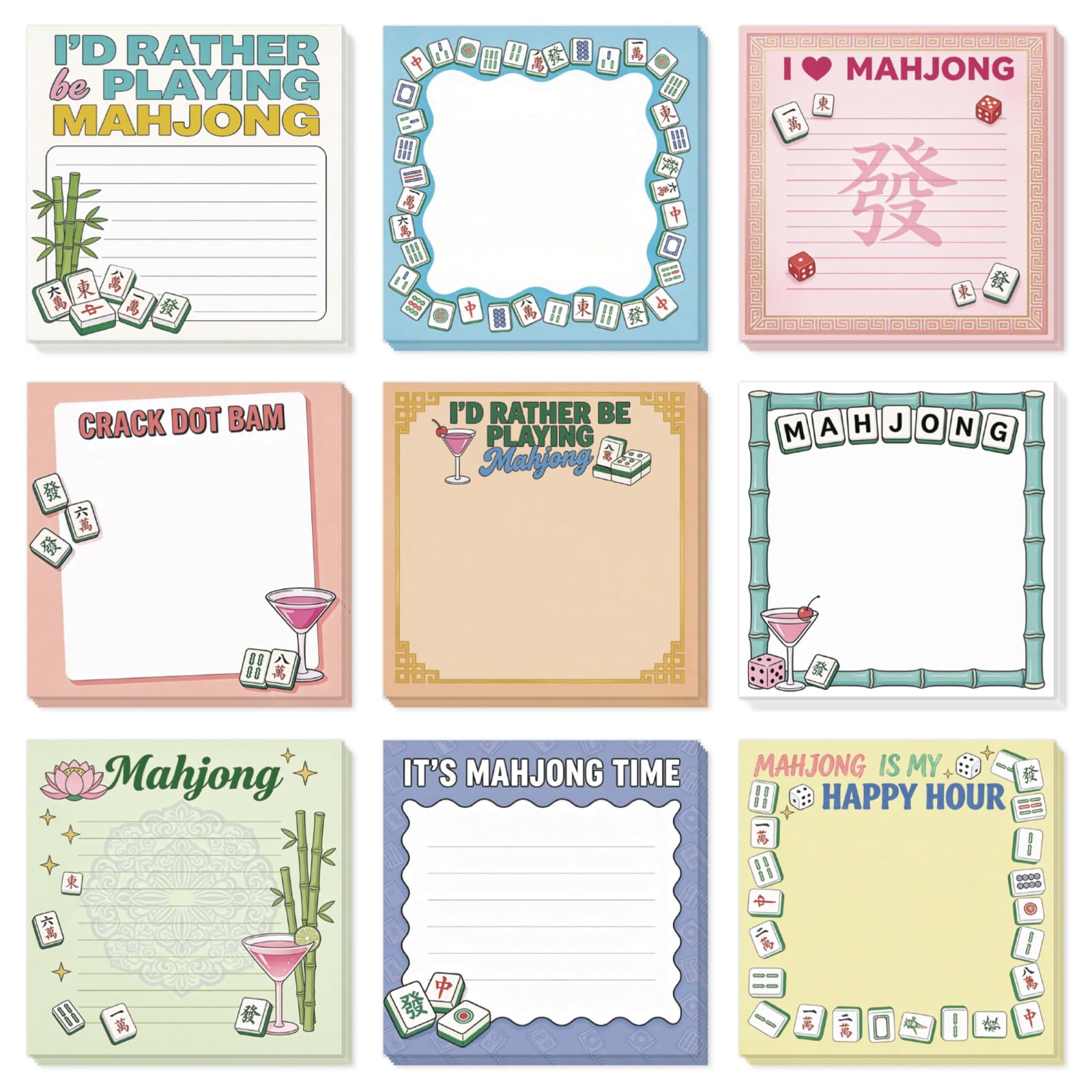 GLOBLELAND 9 Pads 540 Sheets Mahjong Sticky Notes Set 3x3 inch Happy Hour Self-Adhesive Memo Pads Post it Notes for Journaling Meeting Office Planners Craft Lovers
