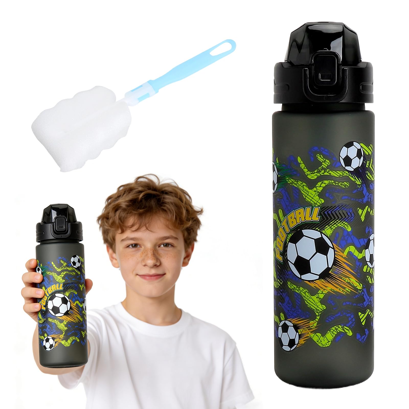 APOMOONS Butelka do picia dla dzieci, 700 ml, piłka nożna, nie zawiera BPA, szczelna, otwór One-Touch, nadaje się do mycia w zmywarce, nadaje się do szkoły i uprawiania sportu