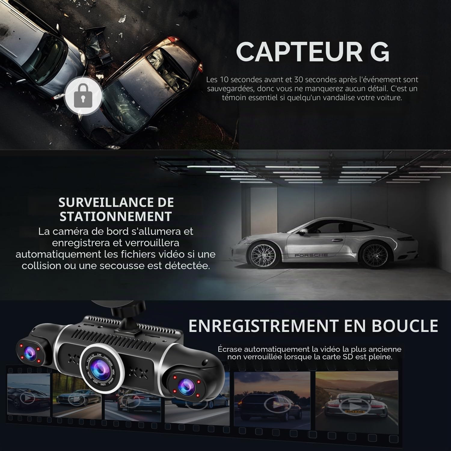 Caméra de tableau de bord 360 ° avant et arrière 4 canaux FHD 4 x 1080p, intérieur/arrière 170° + 2 x 150 ° + 170 ° grand angle, 8 lampes infrarouges, vision nocturne, WiFi 5G, GPS, application