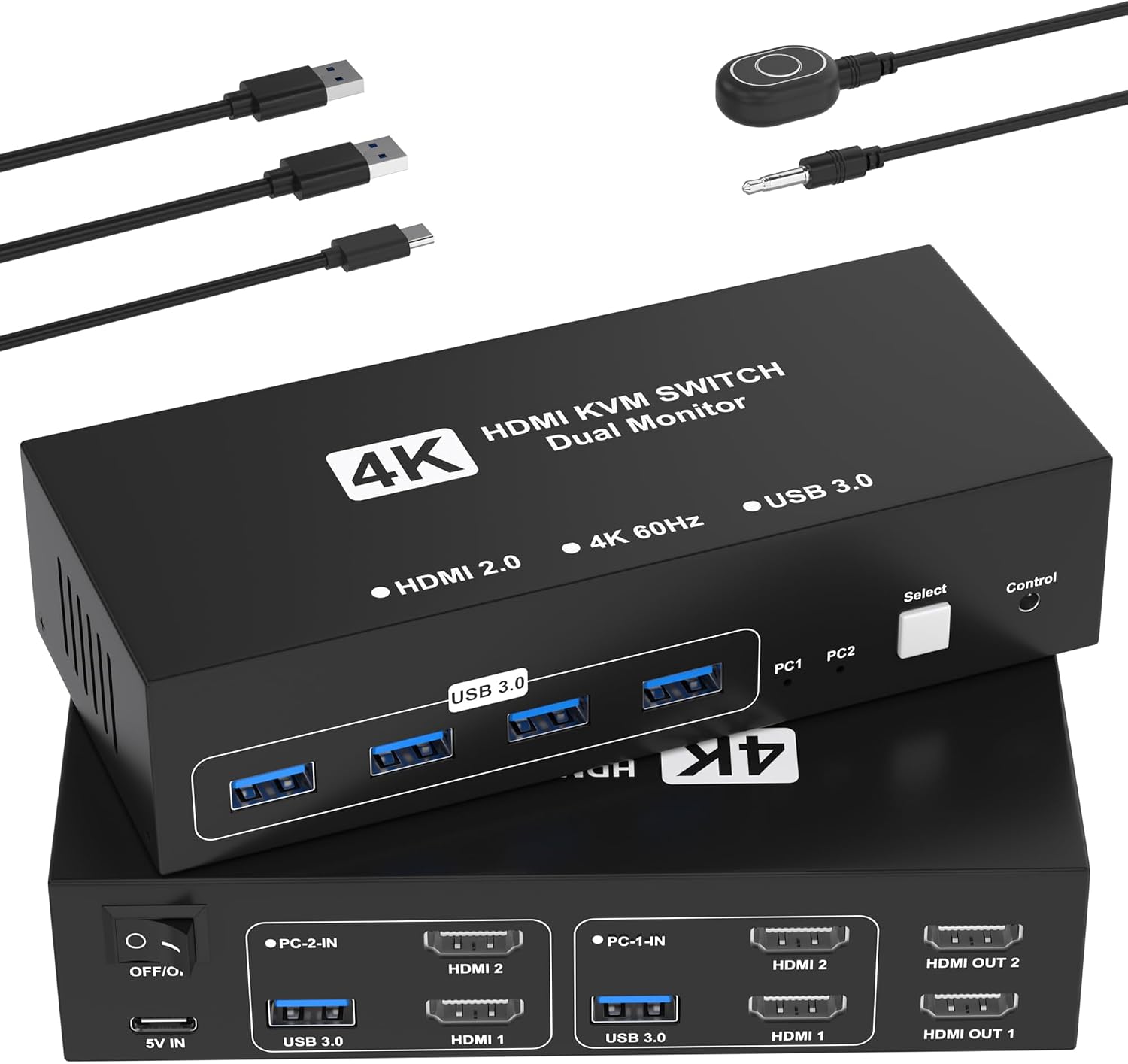 HDMI KVM Switch 2 Monitors 2 Computers, 4K@60Hz Dual Monitor KVM Switches USB Switch with 4 USB 3.0 Ports Sharing Keyboard Mouse Printer, Computer Switch Monitor Switch for 2 Computers with Controller
