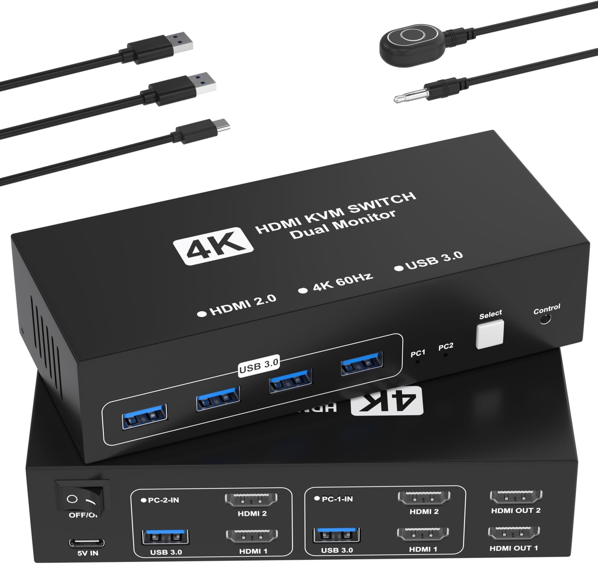 KVM Switch, HDMI, 2 Inputs, 2 Outputs, 4K @ 60Hz, HDMI, KVM Switcher, Switches 2 Computers, 2 Monitors, 4 USB 3.0 Ports, Supports Keyboards, Mouse, Printers, Other Devices, Display Switcher, PC