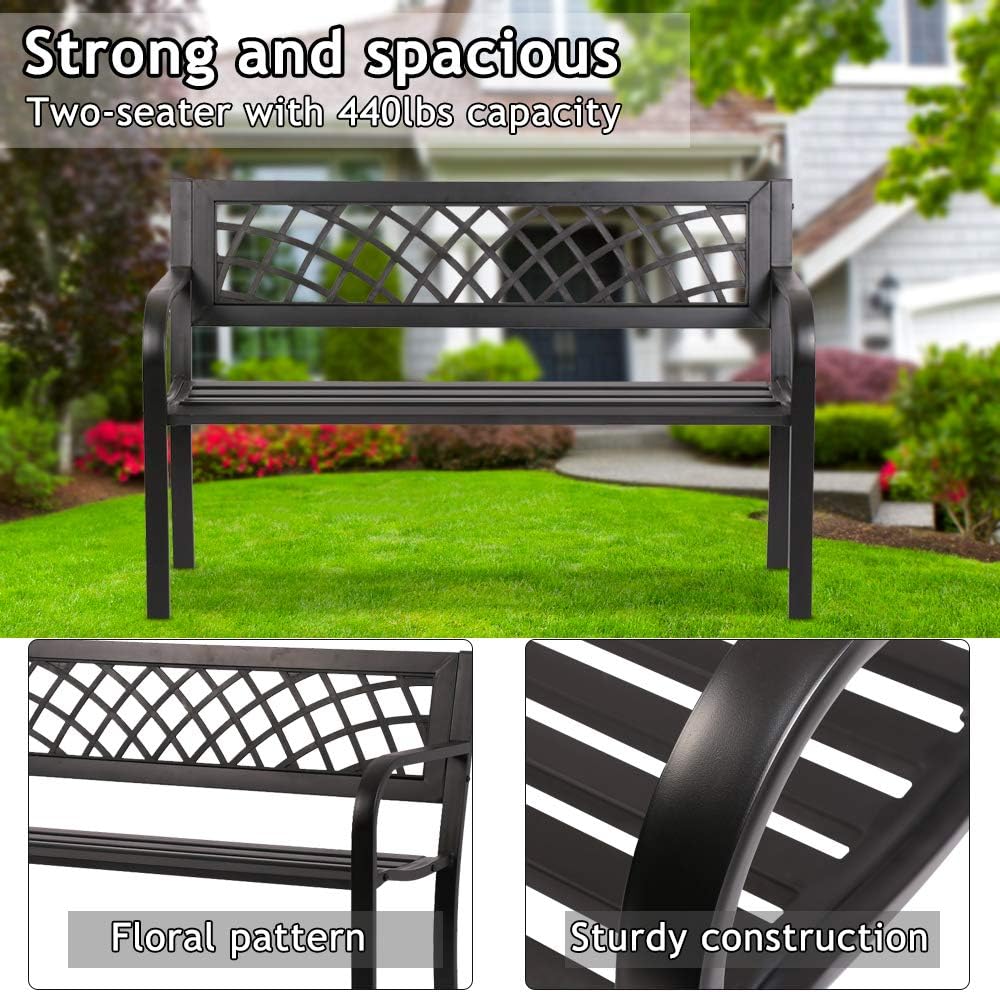 Anti-Rust Metal Bench Garden Bench with Back Porch Benches for Outdoor Cast Iron Steel Frame Chair Waterproof,Black, 480 lbs, 45 inches x21.7 inches x30 inches (LxWxH)