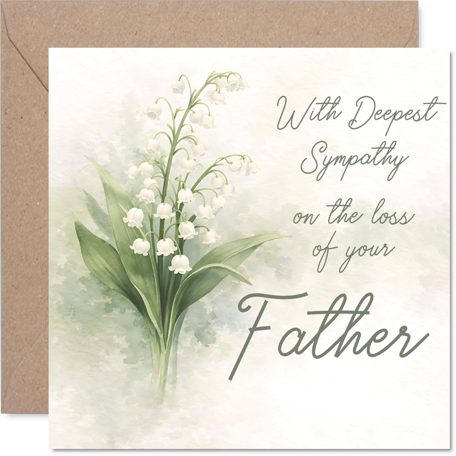 Sympathy Card - Loss of Father - Gentle Watercolour Lilies Bring Comfort - Lily of the Valley Motif in Soft Green and White - 145mm Square, Envelope Included