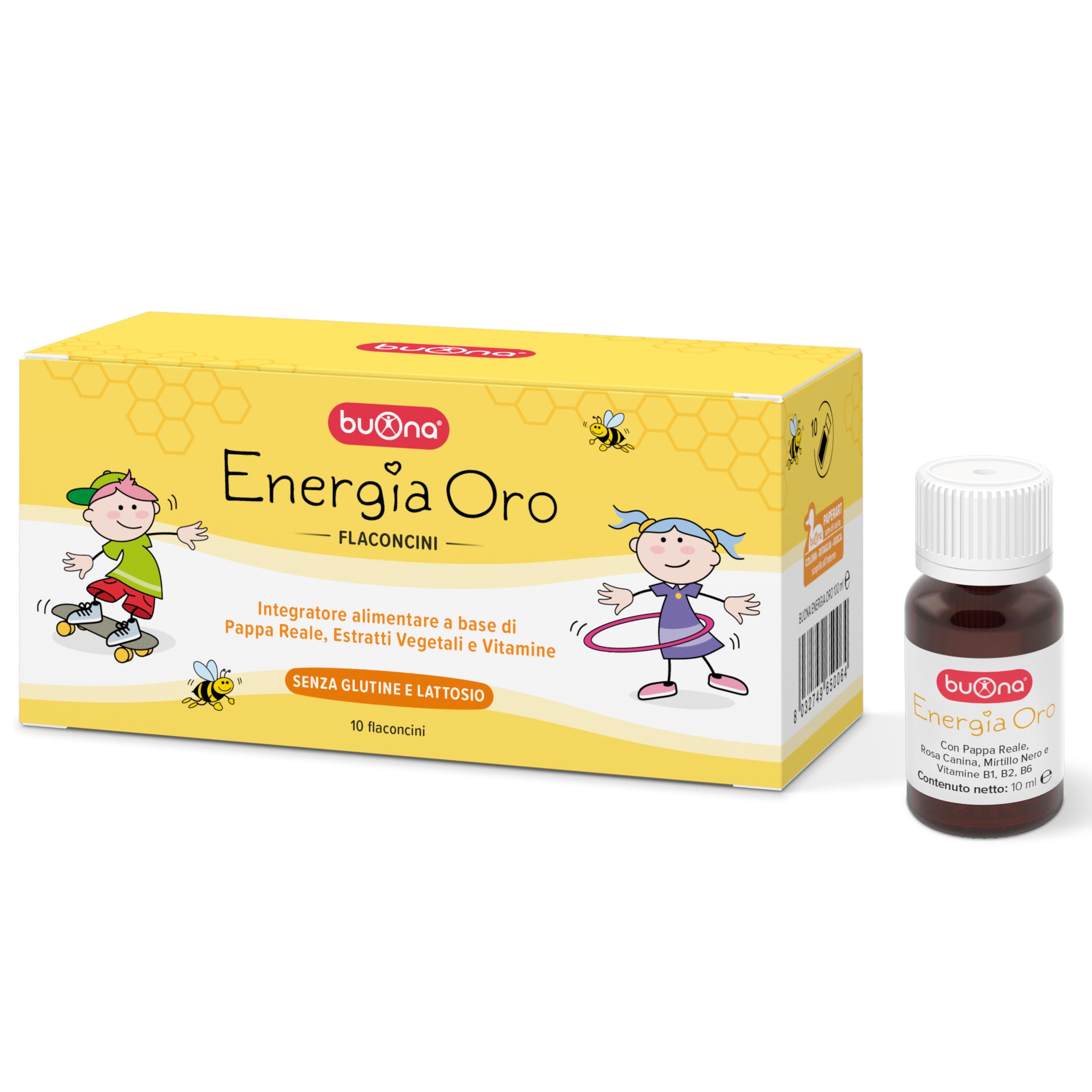 Buona Energia Oro Flaconcini Bambini 10 Flaconcini da 10 ml, con Pappa Reale, Vitamina B1, B2 e B6, Rosa Canina e Mirtillo Nero, Integratore Stanchezza, Ricostituente Senza Lattosio