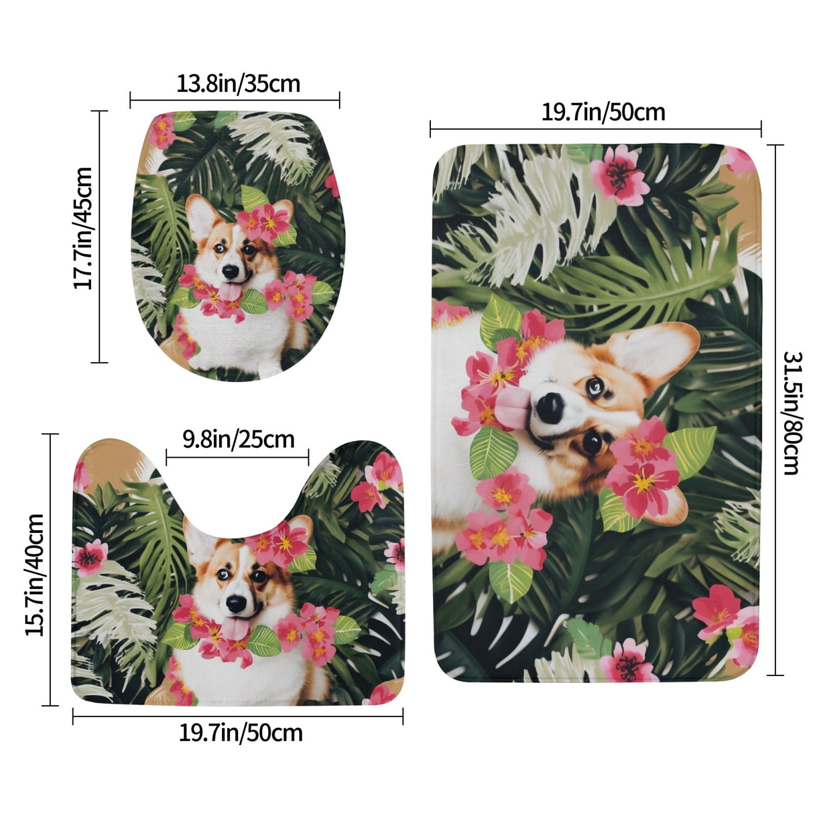 Lot de 3 tapis de salle de bain en flanelle avec tapis de bain + tapis contour + housse de siège de toilette - Motif fleurs tropicales et corgi - Antidérapant et absorbant