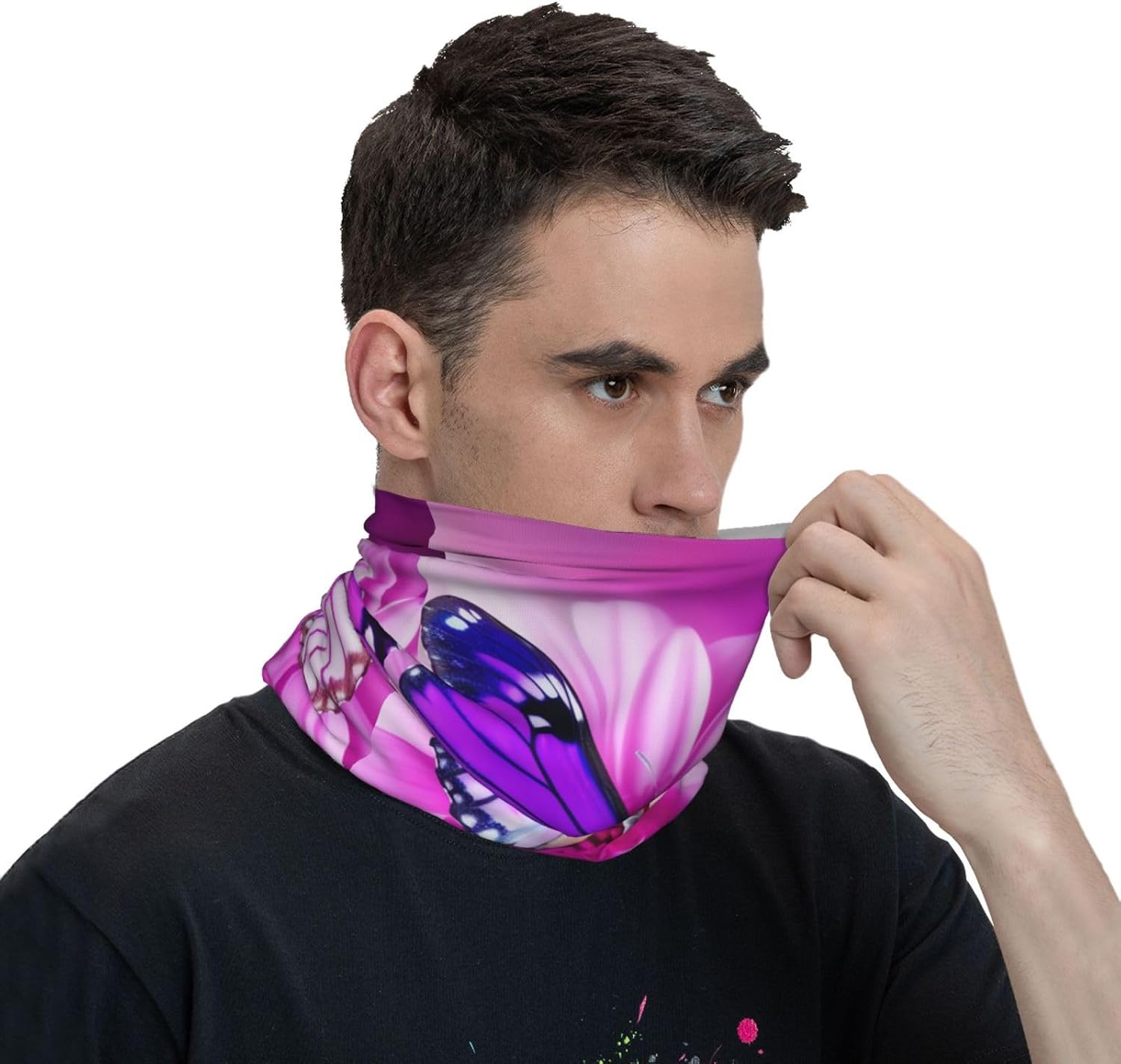 Purple butterfly and flower Neck Gaiter UV Sun Protection Face Mask Scarf Cooling Breathable Face Cover for Men Women Elastic Balaclavas Versatile Bandana, Sun & Wind-proof for Skiing Hiking